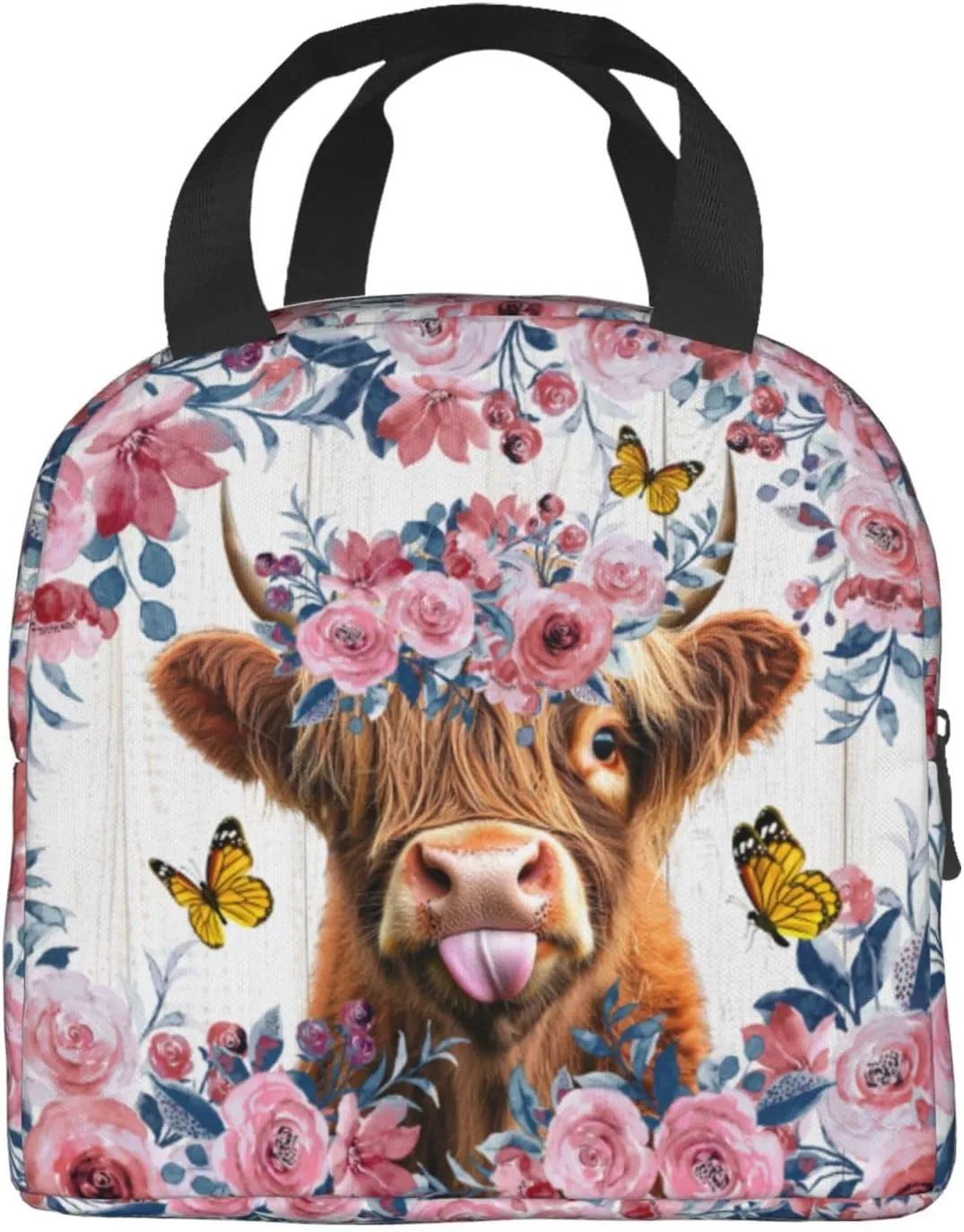 Cute Floral Highland Cow Lunch Bag,Cute Highland Cow Lunch Box, Butterfly Lunch Box, Cool Insulated Lunch Bag,Highland Cow Gifts For Work Office Picnic Beach Travel