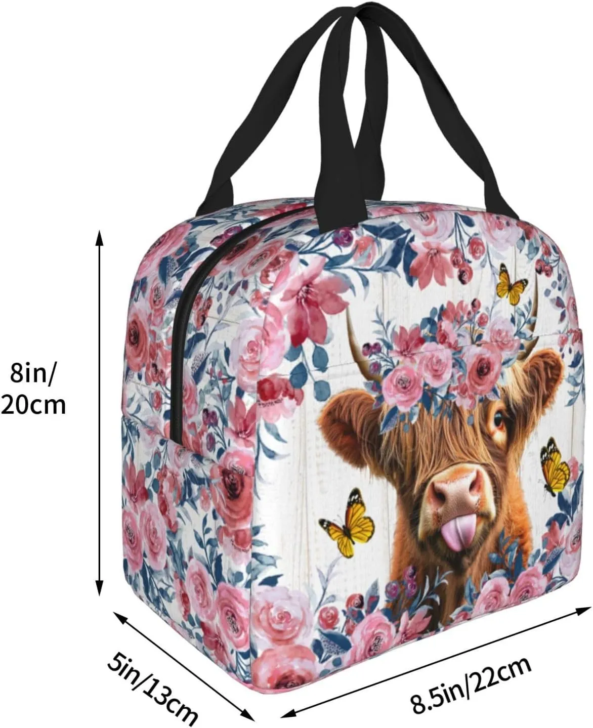 Cute Floral Highland Cow Lunch Bag,Cute Highland Cow Lunch Box, Butterfly Lunch Box, Cool Insulated Lunch Bag,Highland Cow Gifts For Work Office Picnic Beach Travel