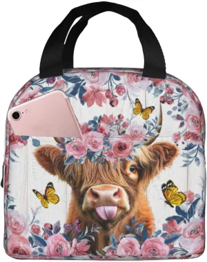 Cute Floral Highland Cow Lunch Bag,Cute Highland Cow Lunch Box, Butterfly Lunch Box, Cool Insulated Lunch Bag,Highland Cow Gifts For Work Office Picnic Beach Travel