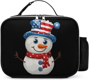 Cute Snowman With U.S. Flag Hat Novelty Lunch Bag Insulated Holder Lunch Box Tote Handbag with Buckled Handle