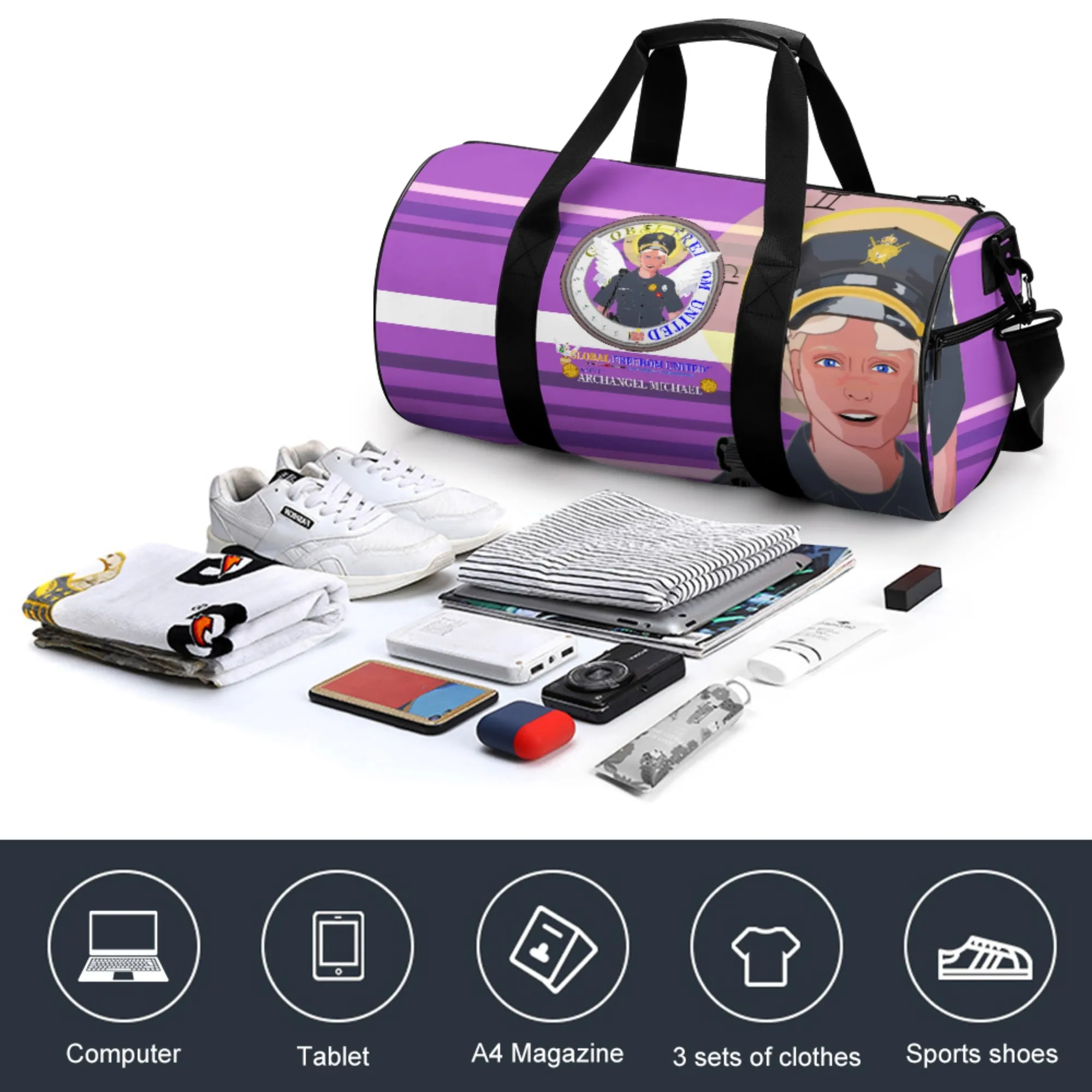 Cylindrical Gym Bag GLOBAL FREEDOM UNITED© Archangel Michael As Policemen Lilac