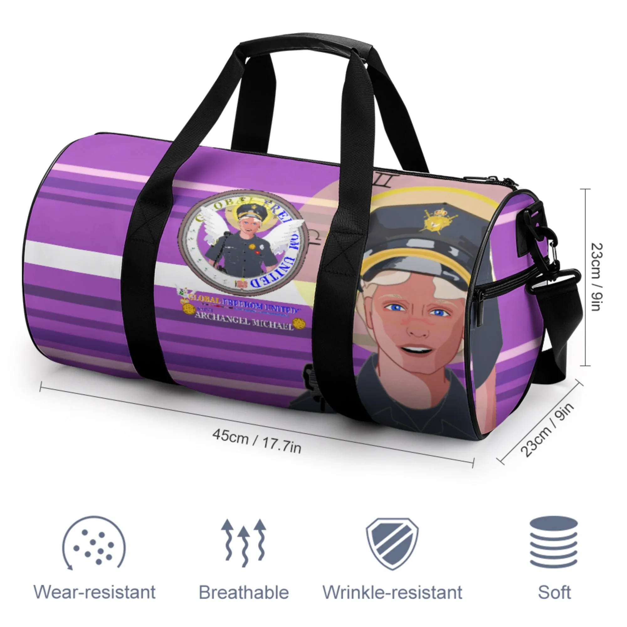 Cylindrical Gym Bag GLOBAL FREEDOM UNITED© Archangel Michael As Policemen Lilac