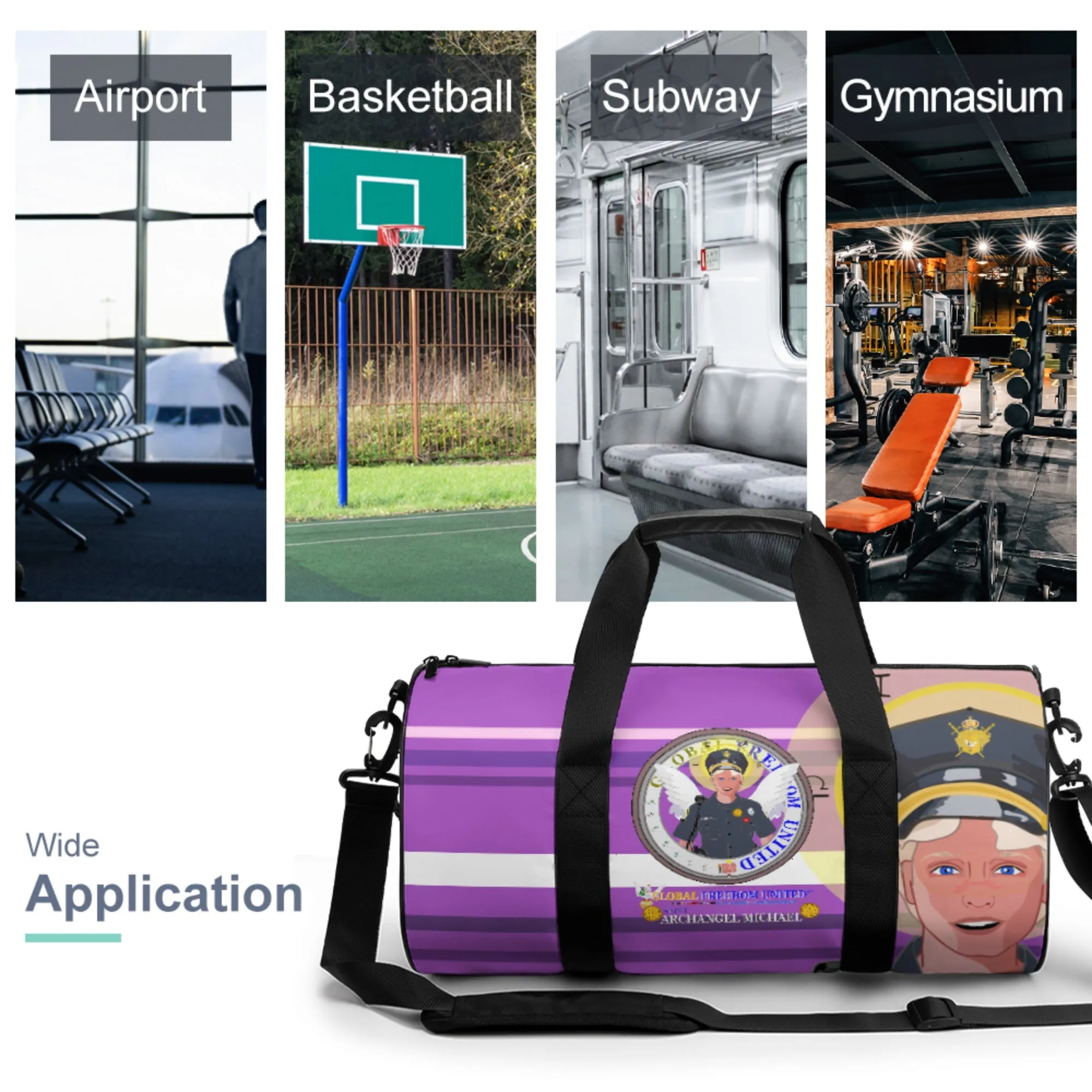 Cylindrical Gym Bag GLOBAL FREEDOM UNITED© Archangel Michael As Policemen Lilac