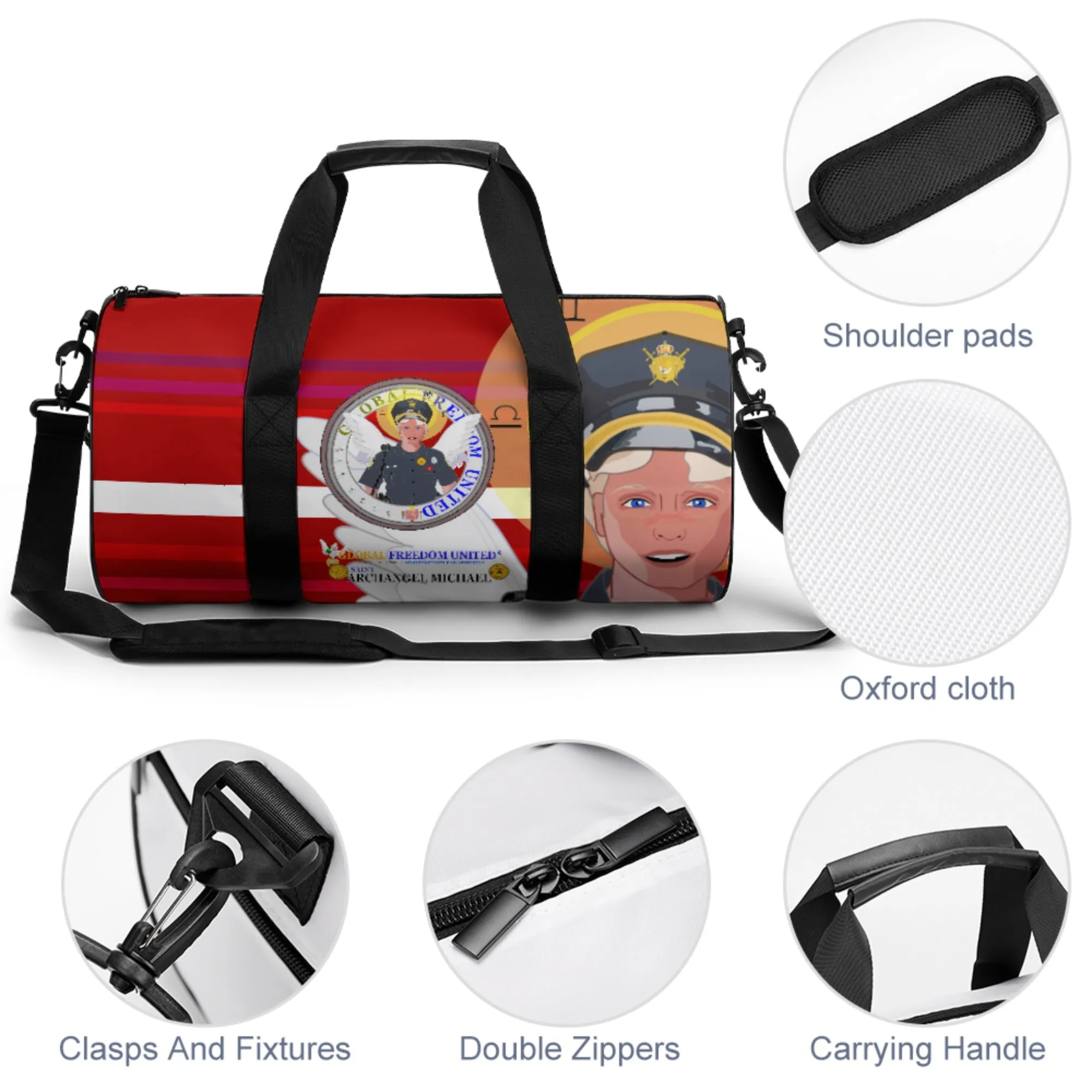 Cylindrical Gym Bag GLOBAL FREEDOM UNITED© Archangel Michael As Policemen Red
