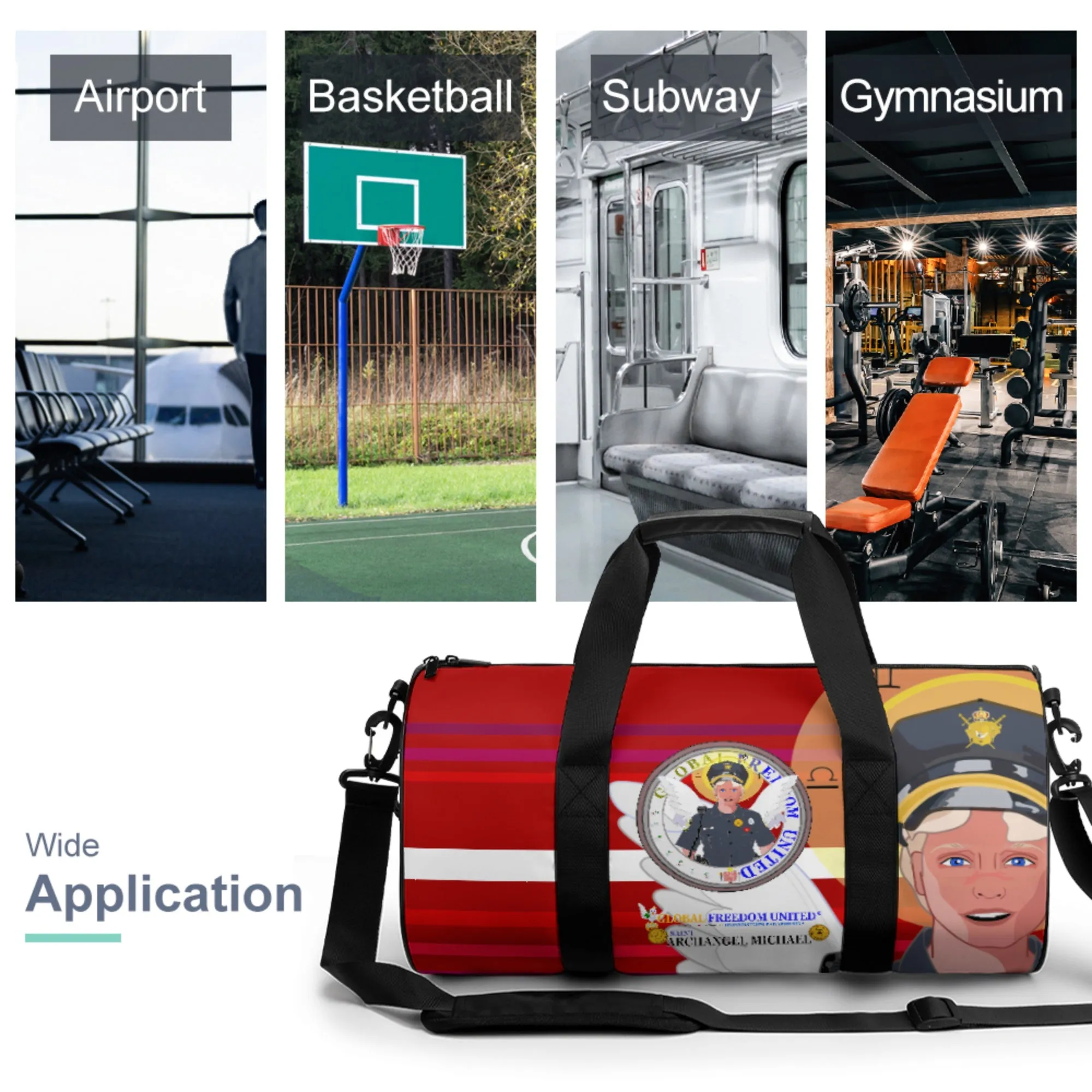 Cylindrical Gym Bag GLOBAL FREEDOM UNITED© Archangel Michael As Policemen Red