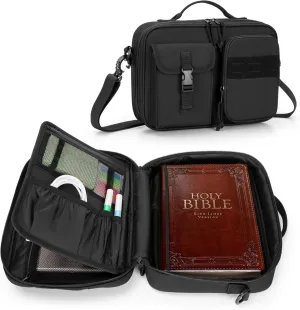 Damero Bible Cover for Men, Bible Carrying Case Church Bag with Multiple Pockets, Bible Case with Top Handle and Shoulder Strap, Black