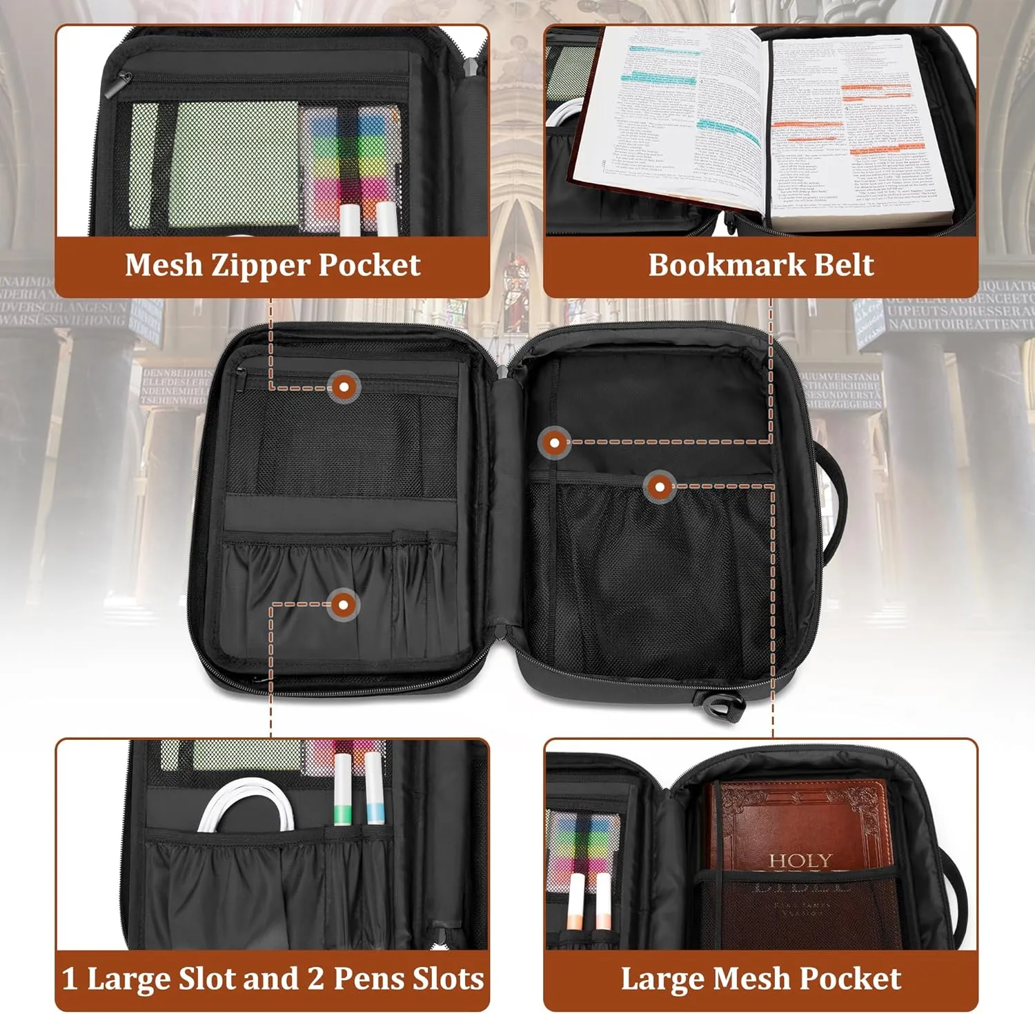 Damero Bible Cover for Men, Bible Carrying Case Church Bag with Multiple Pockets, Bible Case with Top Handle and Shoulder Strap, Black