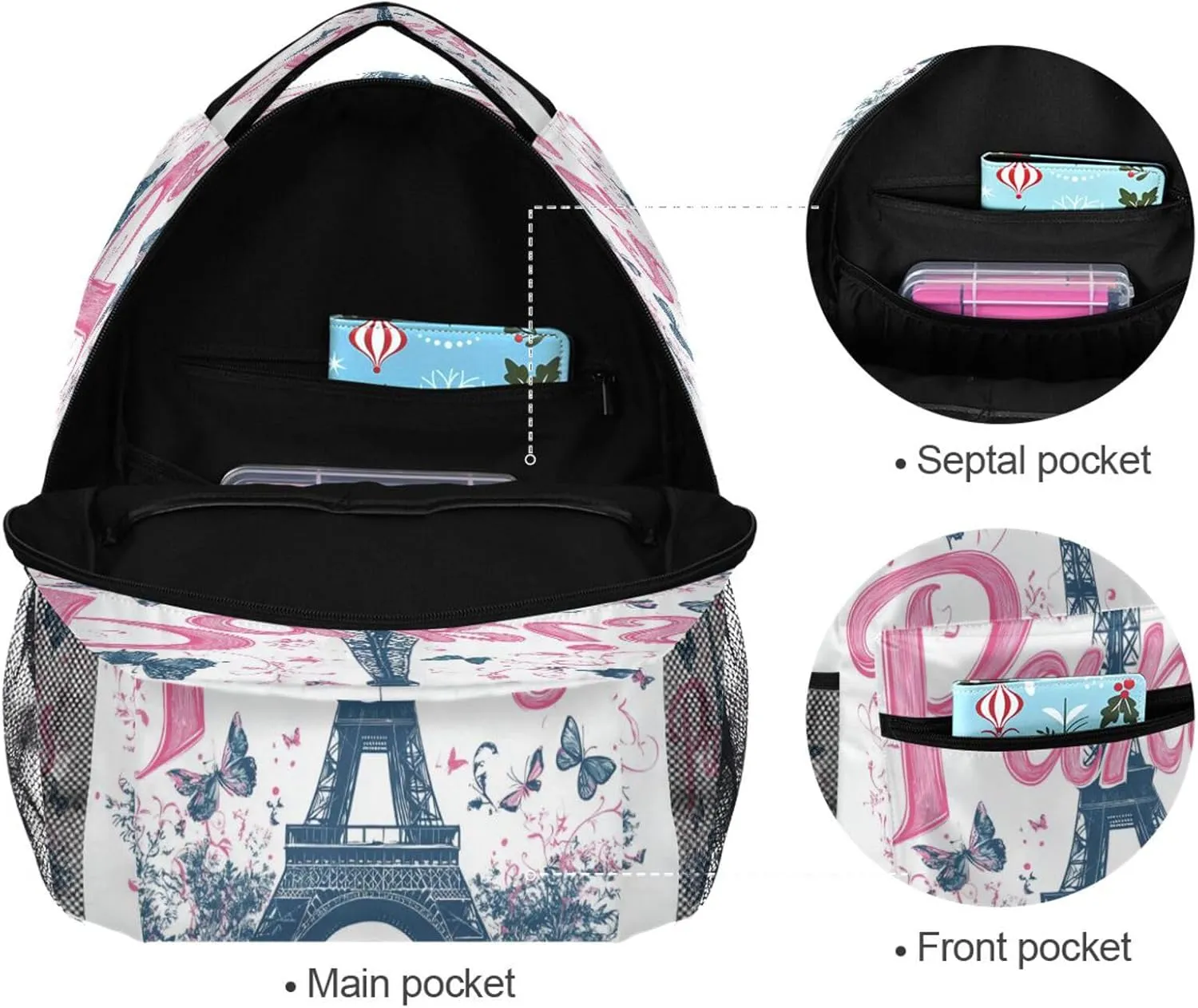 Day Backpack for Teenager Fashion Travel Laptop Backpack with Chest Strap for Travel Trip Paris Handy Drawn