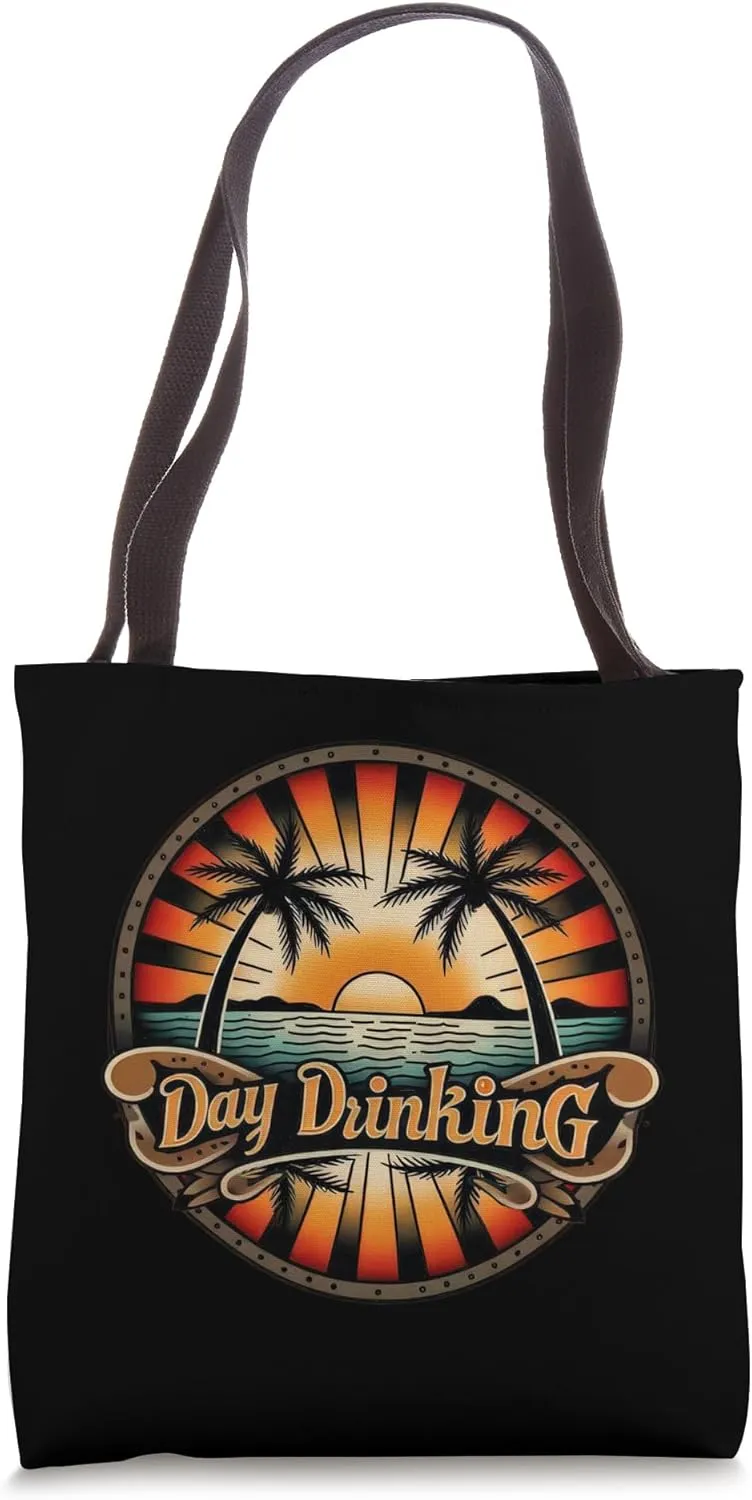 Day drinking tattoo style design sunset palm trees vacation Tote Bag