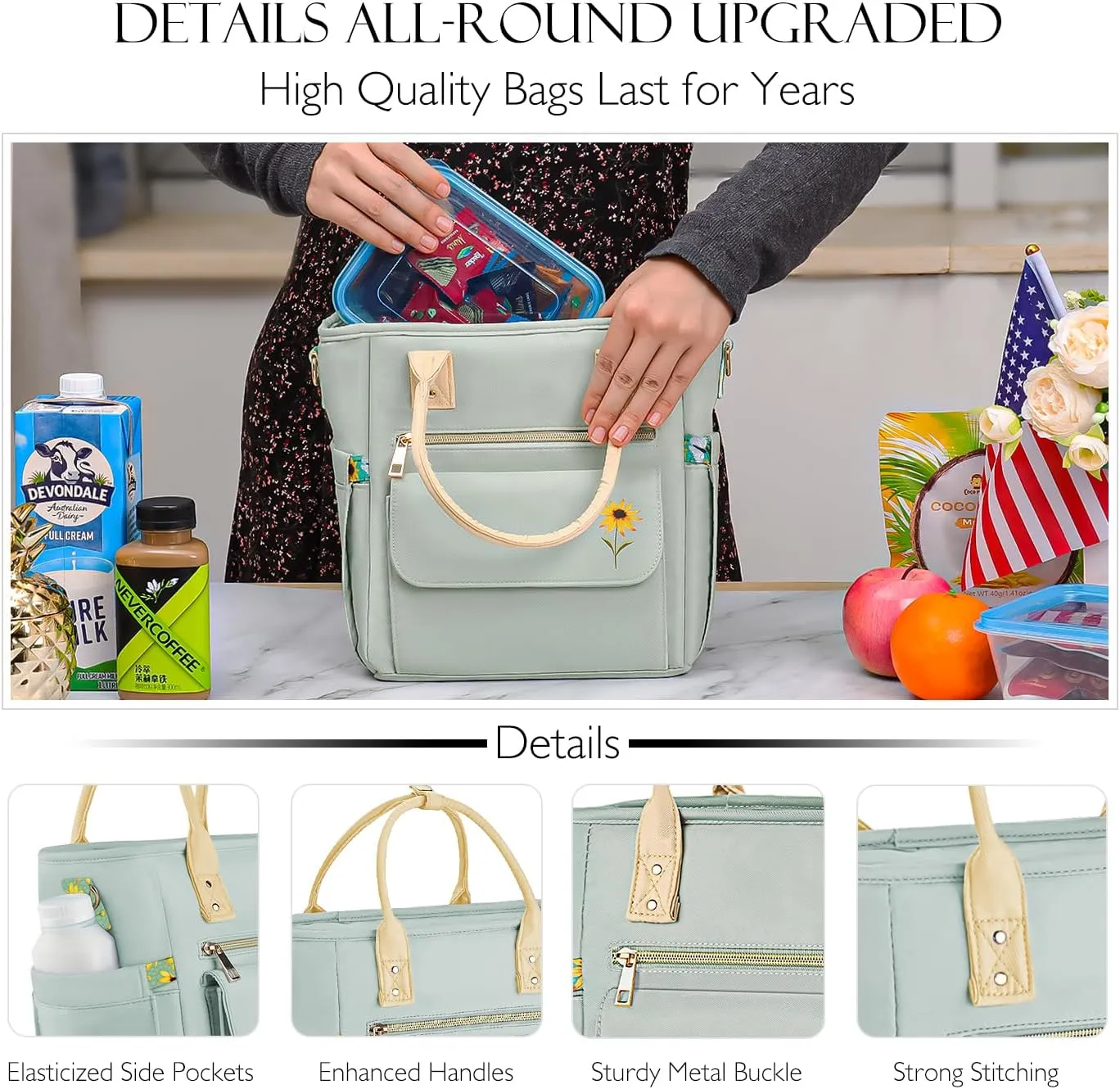 Deluxe Large Insulated Lunch Bag Box Women - Leakproof Waterproof Cooler with Multi Pockets Removable Strap for Work Picnic - Teacher Mothers Day Christmas Birthday Gifts