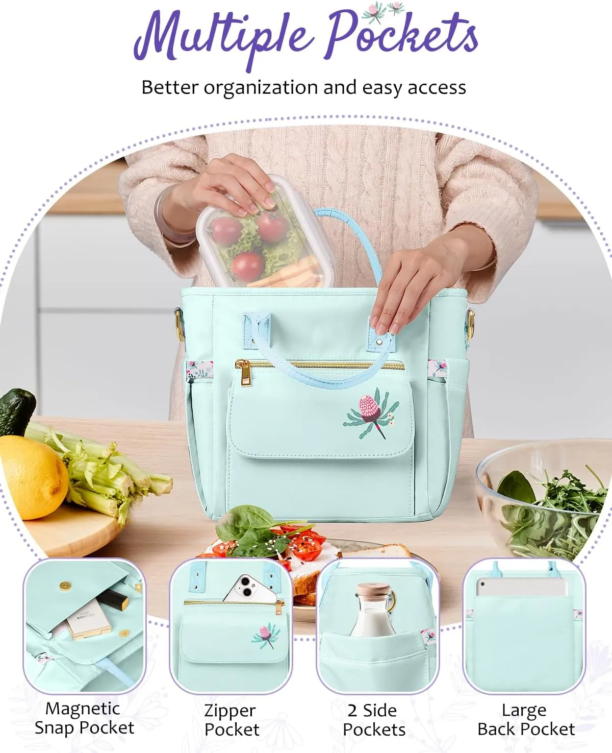 Deluxe Large Insulated Lunch Bag Box Women - Leakproof Waterproof Cooler with Multi Pockets Removable Strap for Work Picnic - Teacher Mothers Day Christmas Birthday Gifts