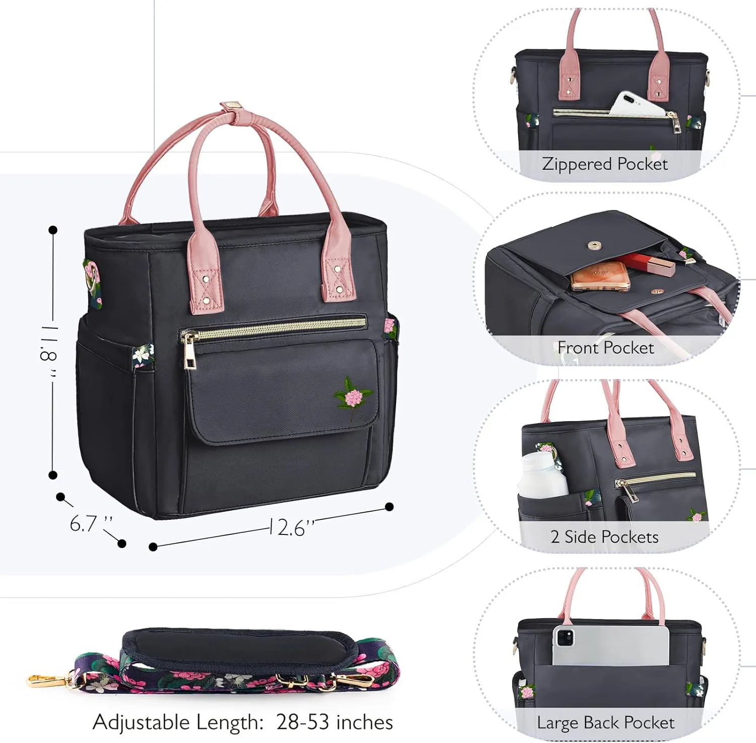 Deluxe Large Insulated Lunch Bag Box Women - Leakproof Waterproof Cooler with Multi Pockets Removable Strap for Work Picnic - Teacher Mothers Day Christmas Birthday Gifts