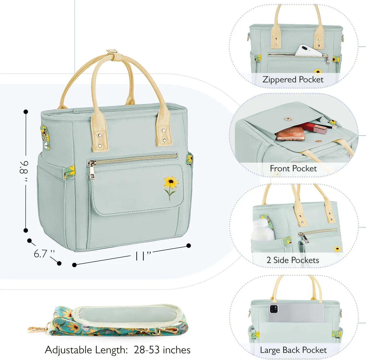 Deluxe Large Insulated Lunch Bag Box Women - Leakproof Waterproof Cooler with Multi Pockets Removable Strap for Work Picnic - Teacher Mothers Day Christmas Birthday Gifts