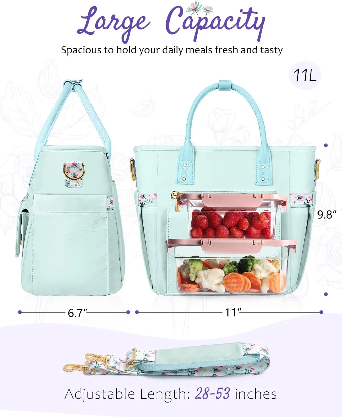 Deluxe Large Insulated Lunch Bag Box Women - Leakproof Waterproof Cooler with Multi Pockets Removable Strap for Work Picnic - Teacher Mothers Day Christmas Birthday Gifts