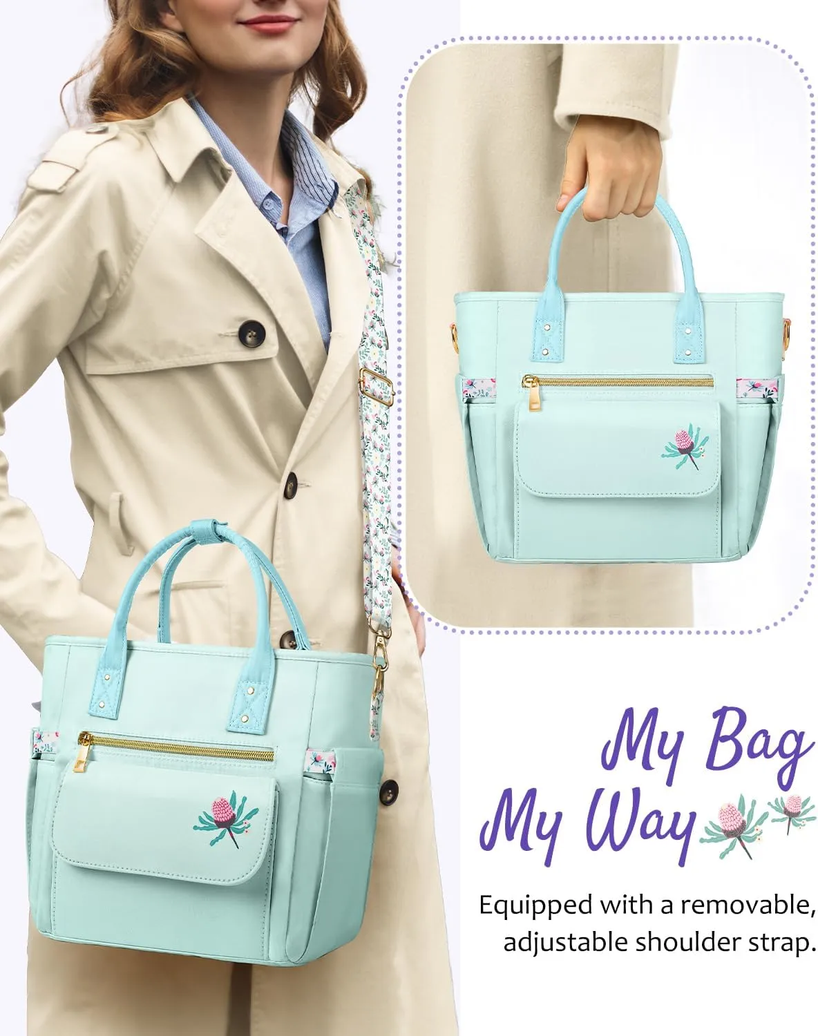 Deluxe Large Insulated Lunch Bag Box Women - Leakproof Waterproof Cooler with Multi Pockets Removable Strap for Work Picnic - Teacher Mothers Day Christmas Birthday Gifts