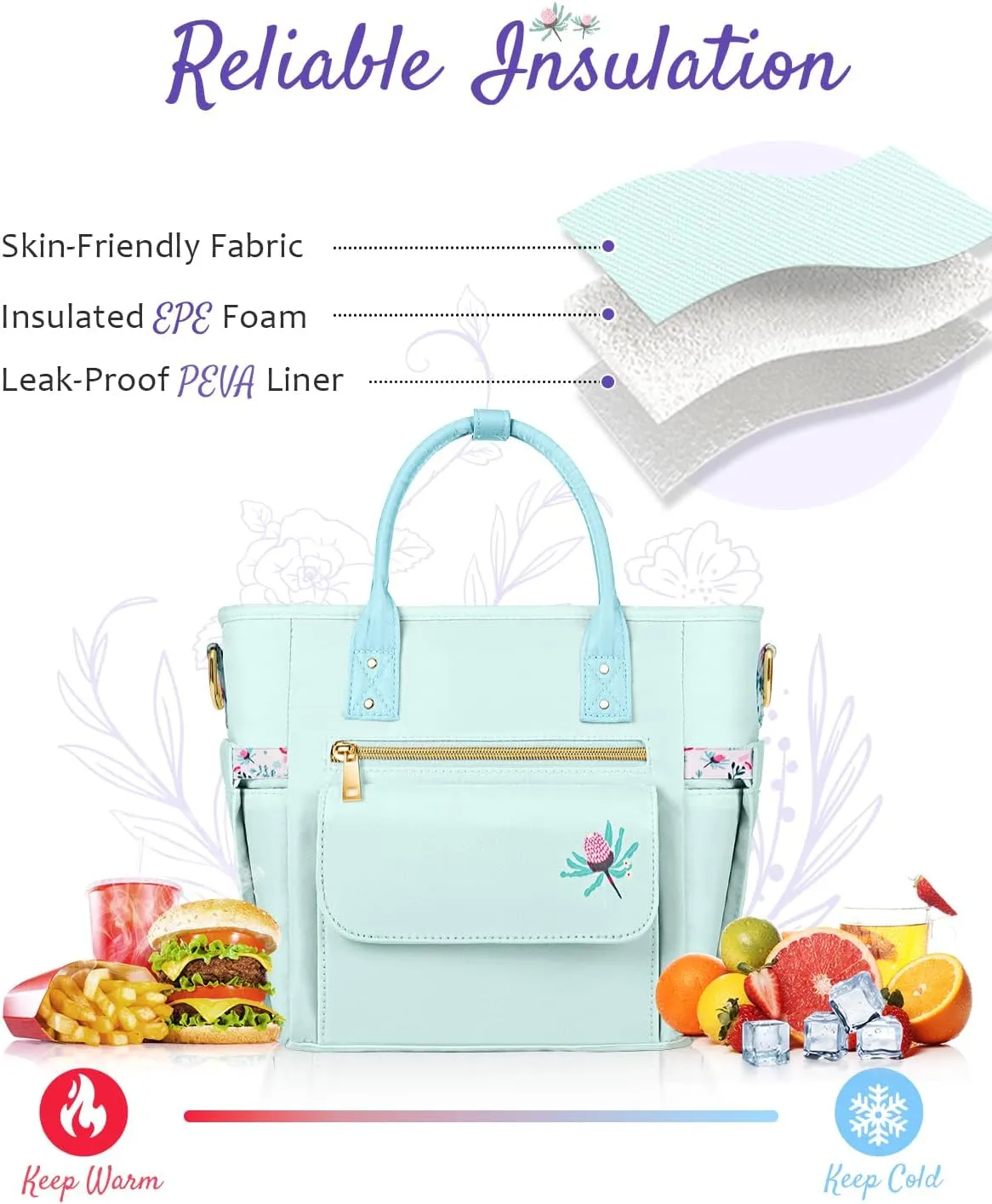 Deluxe Large Insulated Lunch Bag Box Women - Leakproof Waterproof Cooler with Multi Pockets Removable Strap for Work Picnic - Teacher Mothers Day Christmas Birthday Gifts
