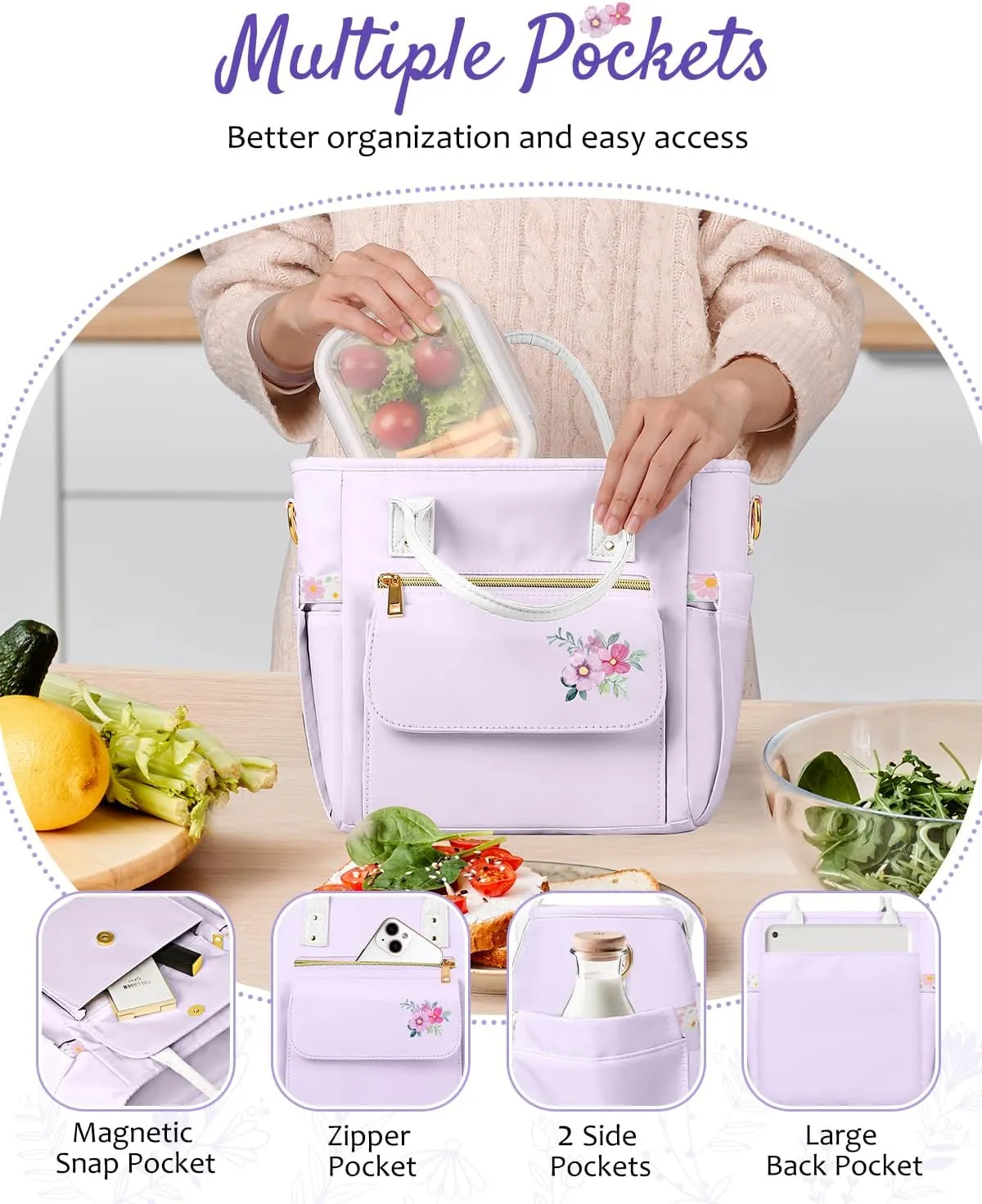Deluxe Large Insulated Lunch Bag Box Women - Leakproof Waterproof Cooler with Multi Pockets Removable Strap for Work Picnic - Teacher Mothers Day Christmas Birthday Gifts