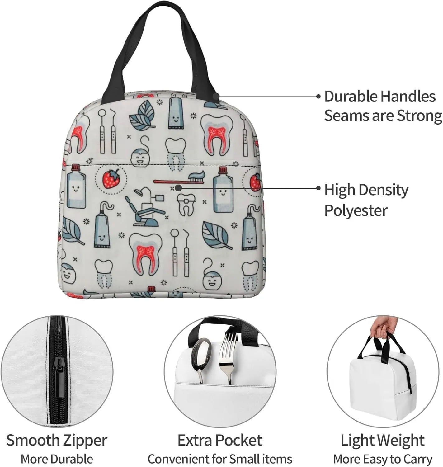 Dentist Lunch Bag Dental Hygienist Lunch Box for Women & Men Insulated Picnic Pouch Thermal Cooler Cute Tote Bag for Work Camping Travel, One Size