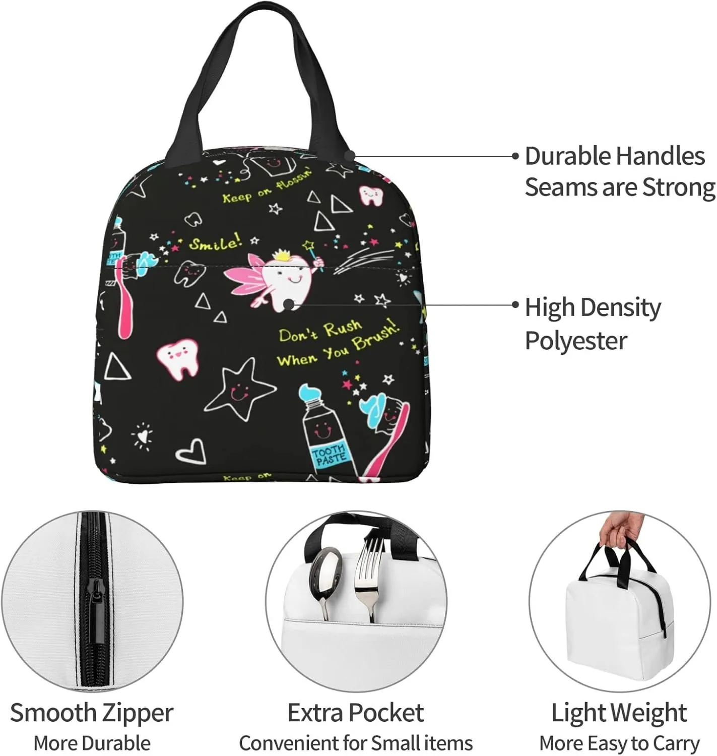 Dentist Lunch Bag Dental Hygienist Lunch Box for Women & Men Insulated Picnic Pouch Thermal Cooler Cute Tote Bag for Work Camping Travel, One Size