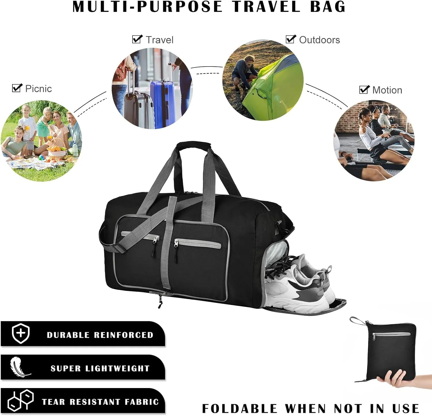 Dimayar 115L Travel Duffle Bag - Foldable Duffel Bag with Shoes Compartment - Overnight Bags Waterproof & Tear Resistant(Black)
