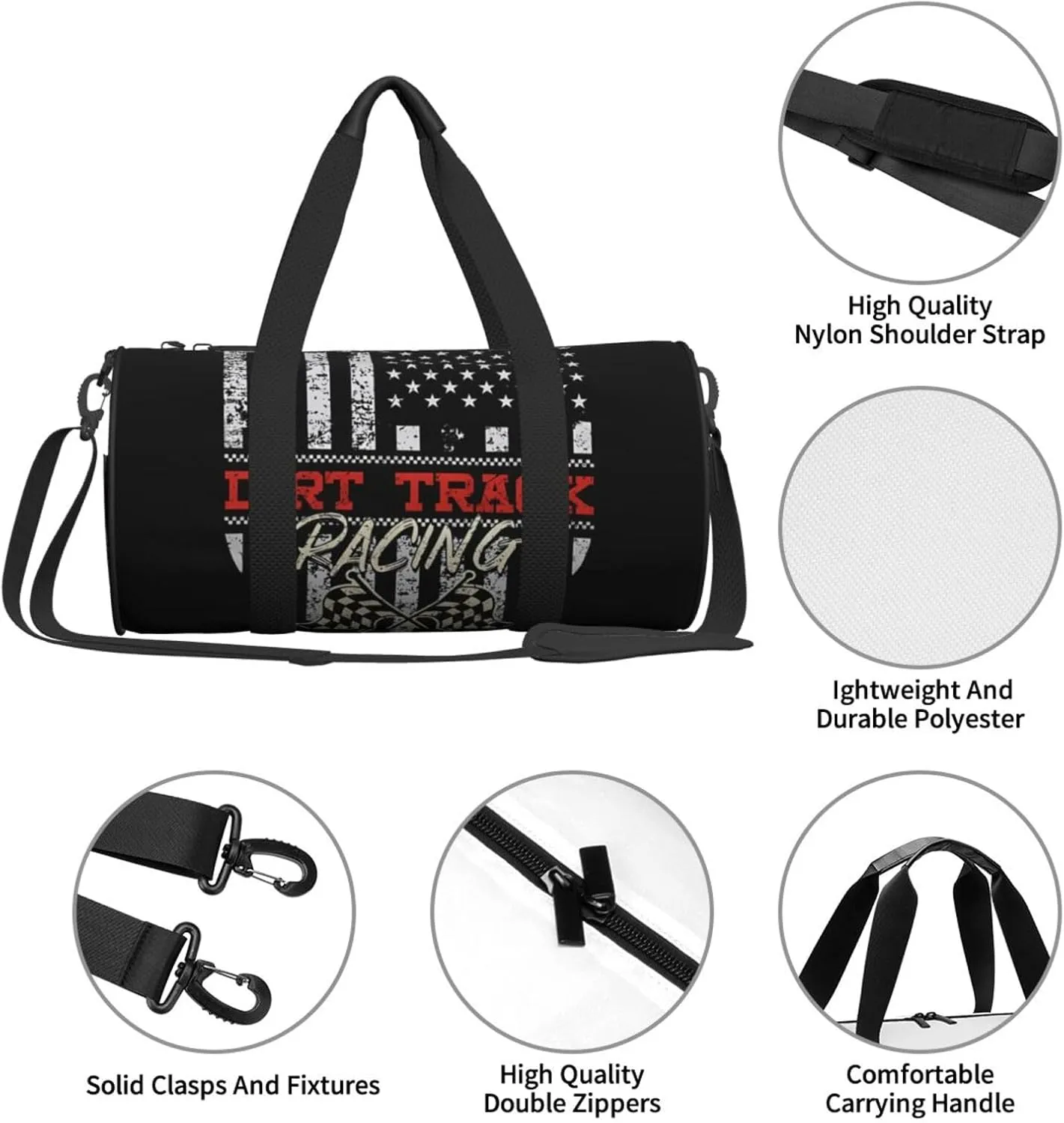 Dirt Track Racing American Flag Round Travel Duffel Bag Large Capacity Gym Sports Bags for Hiking Vacation Trips