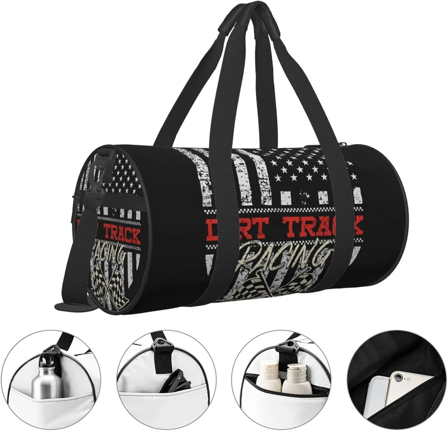 Dirt Track Racing American Flag Round Travel Duffel Bag Large Capacity Gym Sports Bags for Hiking Vacation Trips