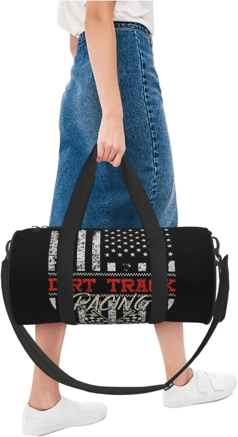 Dirt Track Racing American Flag Round Travel Duffel Bag Large Capacity Gym Sports Bags for Hiking Vacation Trips