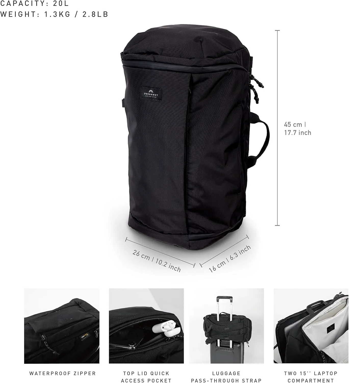 Doughnut Sturdy 20L Travel Outdoor School Laptop Duffle Bag Crossbody Luggage Backpack