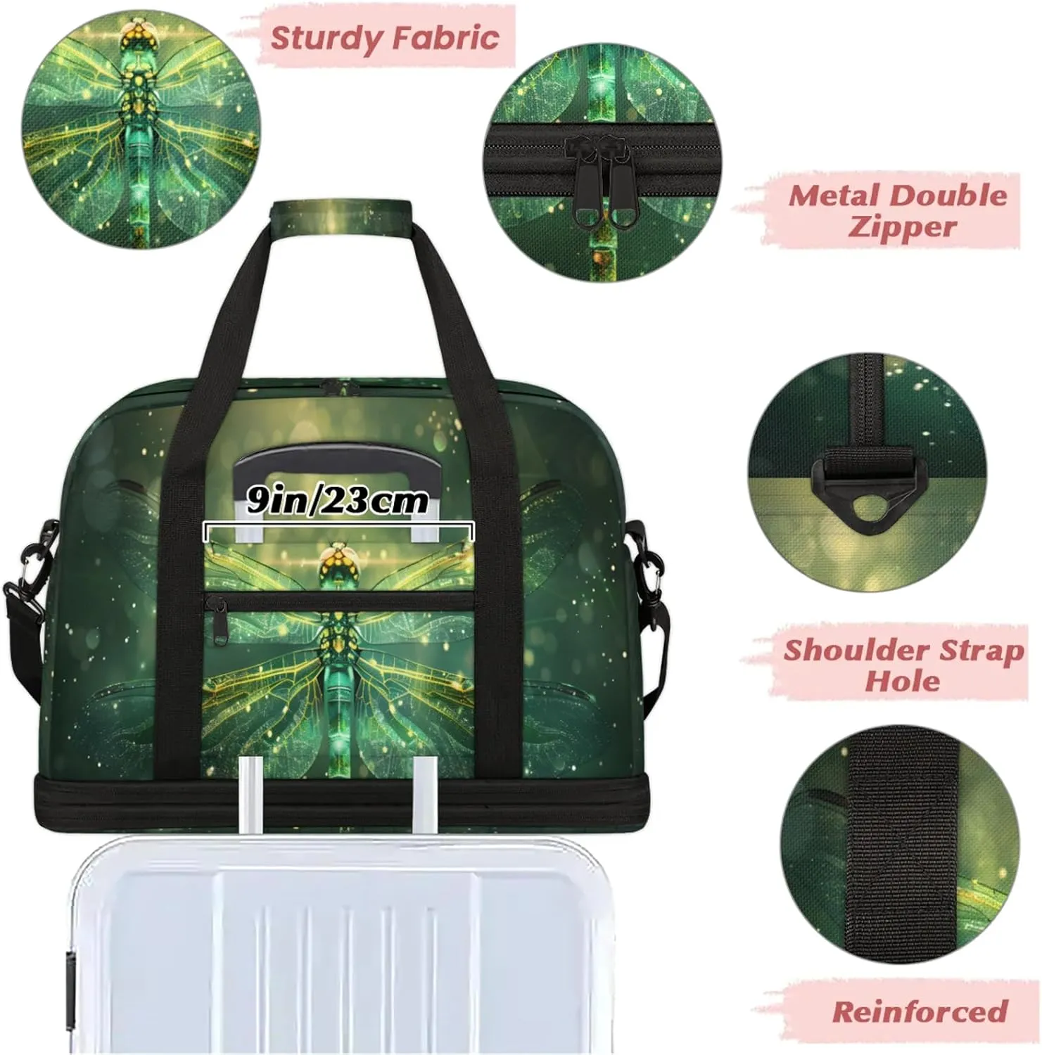 Dragonfly Animal GreenTravel Duffel Bags for Women & Men Large Sports Gym Bags Foldie Weekender Overnight Bag Carry On Tote Bag With Shoe Compartment Personal Item Bag for Travel Sports Gym