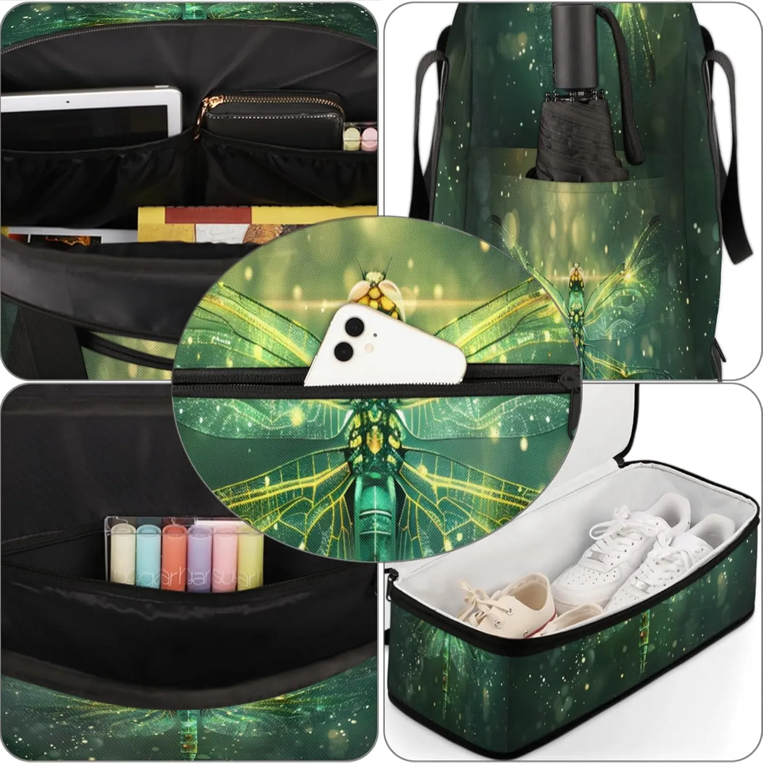 Dragonfly Animal GreenTravel Duffel Bags for Women & Men Large Sports Gym Bags Foldie Weekender Overnight Bag Carry On Tote Bag With Shoe Compartment Personal Item Bag for Travel Sports Gym
