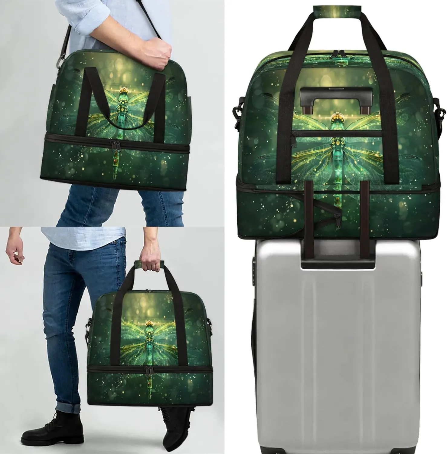 Dragonfly Animal GreenTravel Duffel Bags for Women & Men Large Sports Gym Bags Foldie Weekender Overnight Bag Carry On Tote Bag With Shoe Compartment Personal Item Bag for Travel Sports Gym