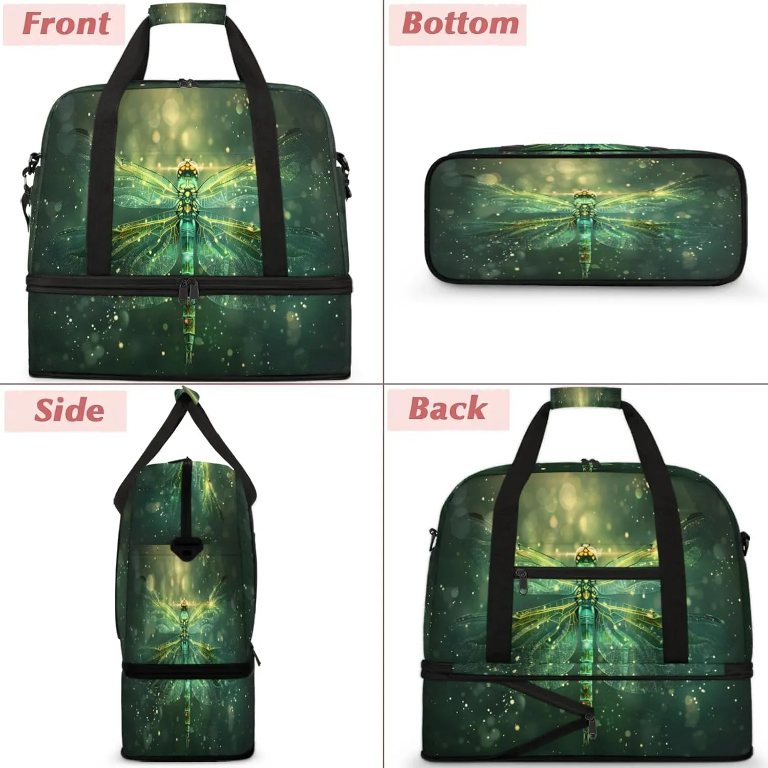 Dragonfly Animal GreenTravel Duffel Bags for Women & Men Large Sports Gym Bags Foldie Weekender Overnight Bag Carry On Tote Bag With Shoe Compartment Personal Item Bag for Travel Sports Gym