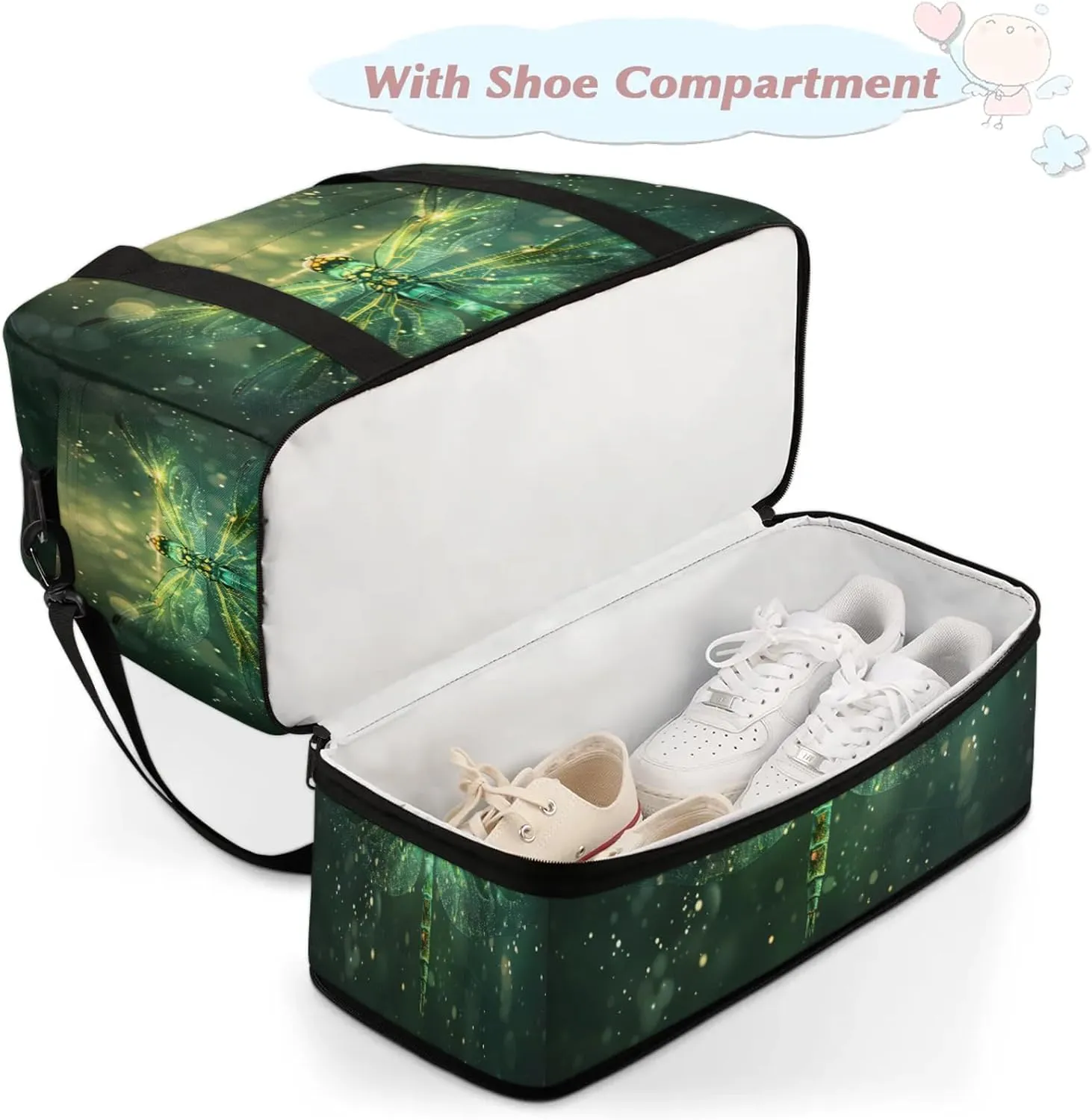 Dragonfly Animal GreenTravel Duffel Bags for Women & Men Large Sports Gym Bags Foldie Weekender Overnight Bag Carry On Tote Bag With Shoe Compartment Personal Item Bag for Travel Sports Gym
