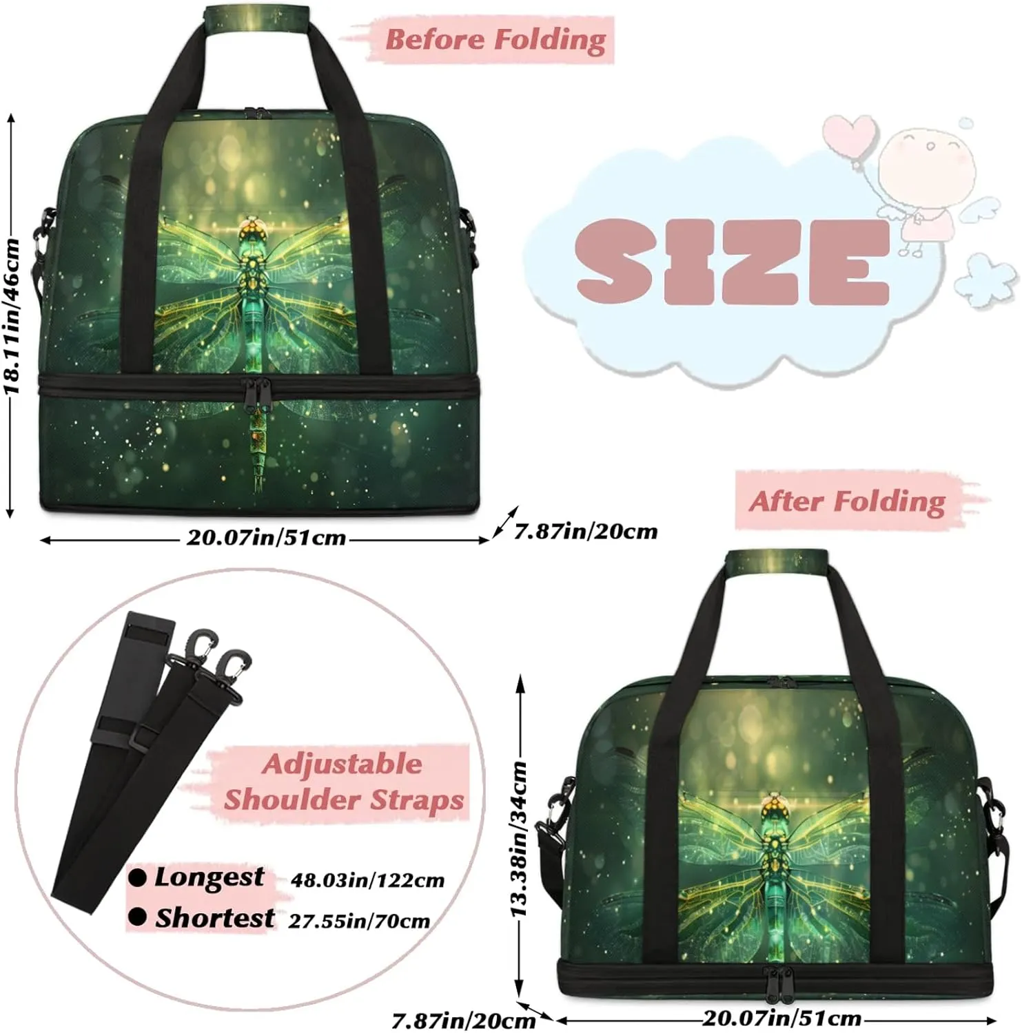 Dragonfly Animal GreenTravel Duffel Bags for Women & Men Large Sports Gym Bags Foldie Weekender Overnight Bag Carry On Tote Bag With Shoe Compartment Personal Item Bag for Travel Sports Gym