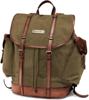 DRAKENSBERG Backpack 'Henry' - classic hiking und hunting rucksack in authentic retro vintage design, ladies, men, sustainably handmade, 30L, canvas, leather, olive-green, DR00127