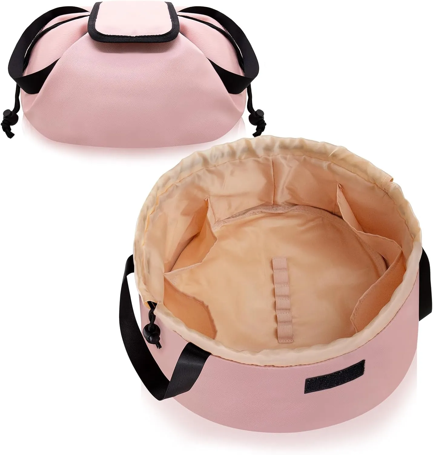 Drawstring Makeup Organizer,Lay Barrel Makeup Bag Cosmetic Bag Toiletry Bag for Travel,Portable Waterproof Make Up Bags for Women Brush Toiletries Accessories (Pink, Large)