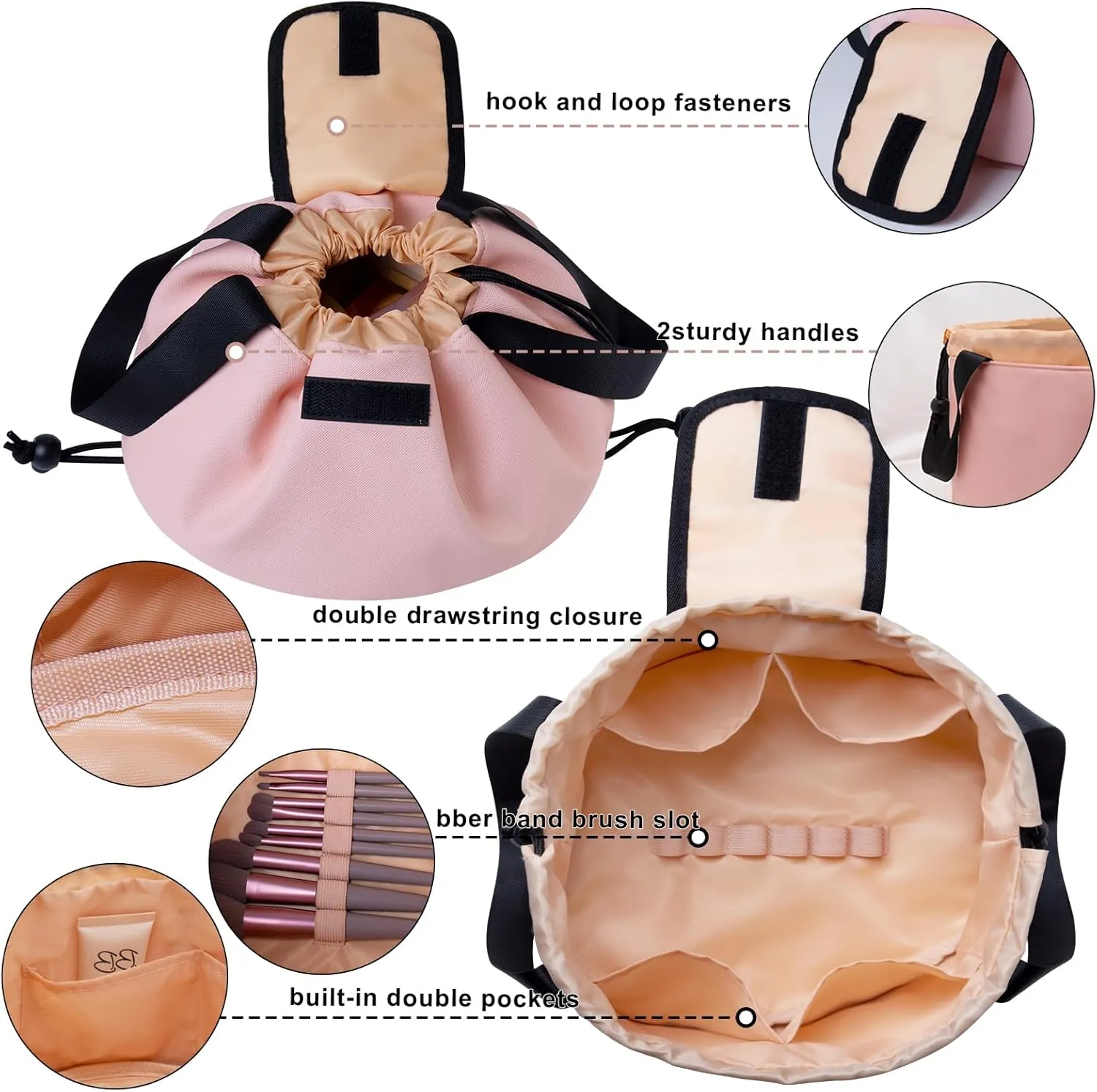 Drawstring Makeup Organizer,Lay Barrel Makeup Bag Cosmetic Bag Toiletry Bag for Travel,Portable Waterproof Make Up Bags for Women Brush Toiletries Accessories (Pink, Large)