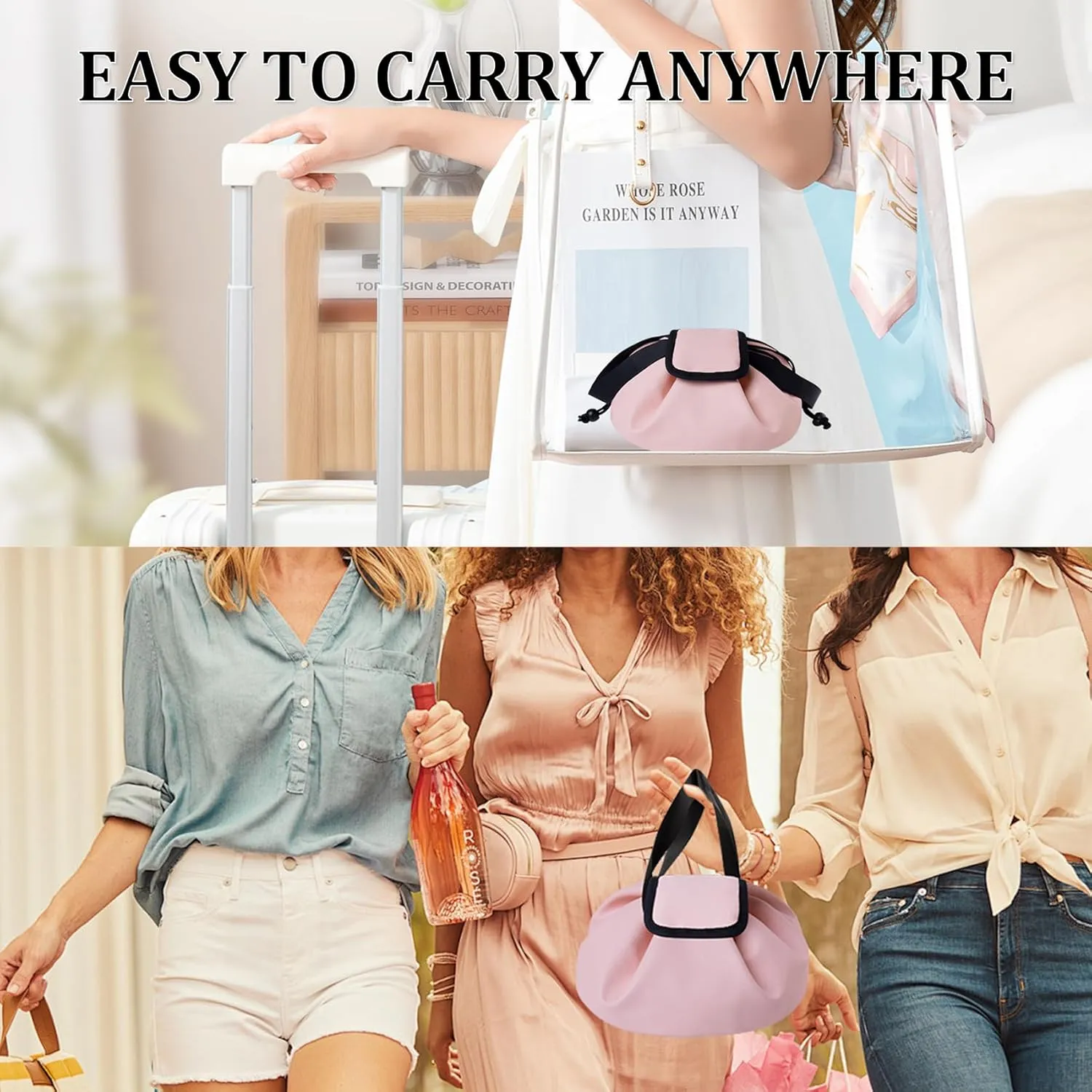 Drawstring Makeup Organizer,Lay Barrel Makeup Bag Cosmetic Bag Toiletry Bag for Travel,Portable Waterproof Make Up Bags for Women Brush Toiletries Accessories (Pink, Large)