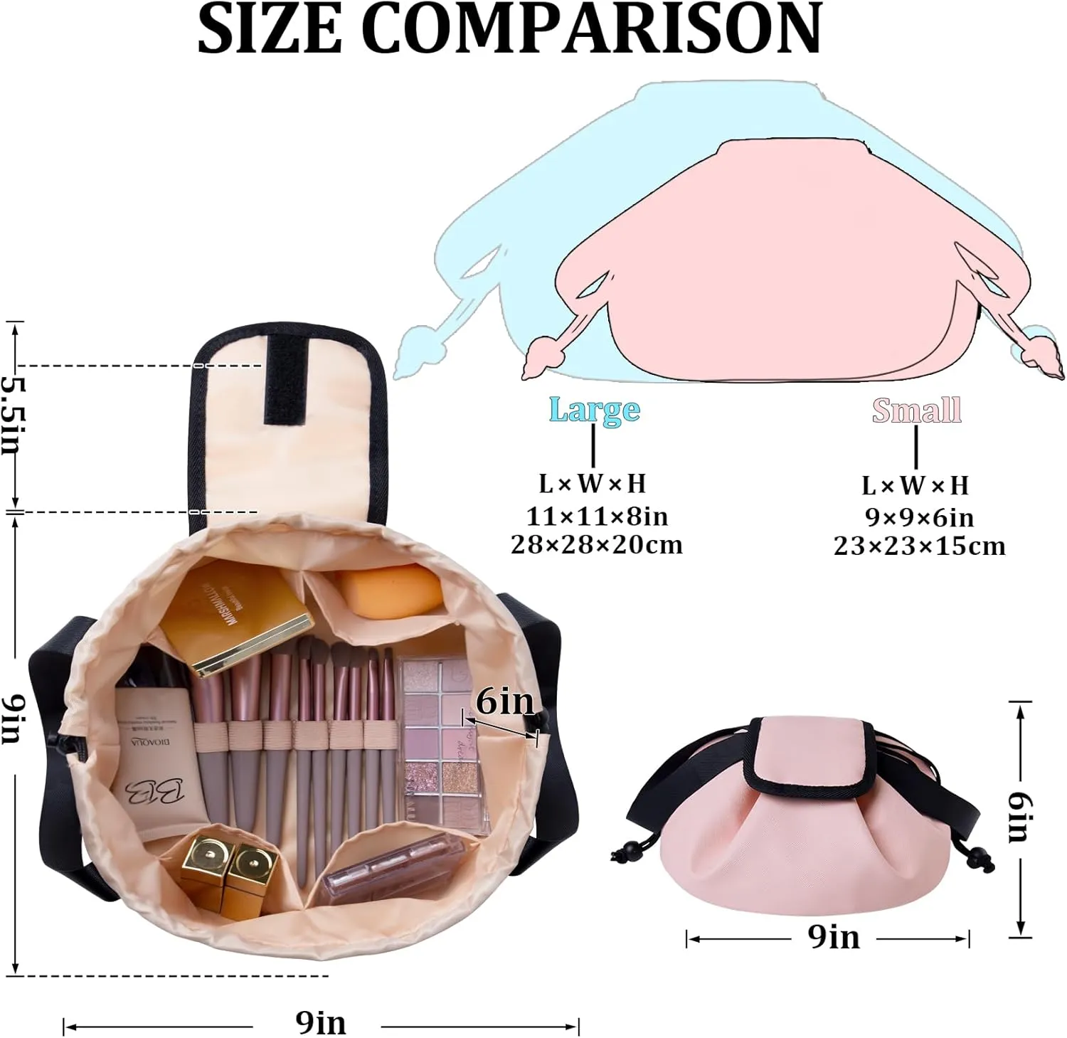 Drawstring Makeup Organizer,Lay Barrel Makeup Bag Cosmetic Bag Toiletry Bag for Travel,Portable Waterproof Make Up Bags for Women Brush Toiletries Accessories (Pink, Large)