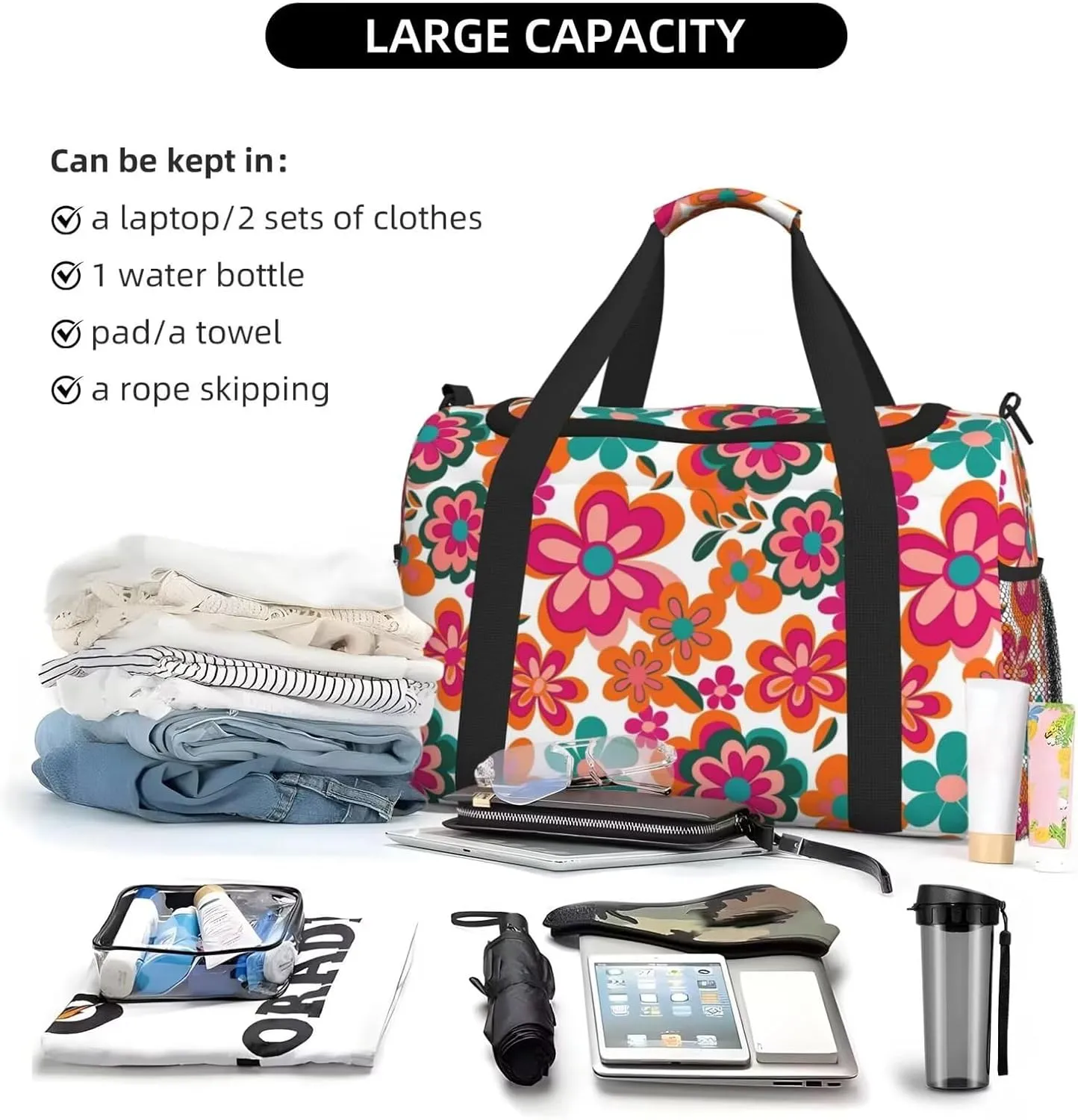 Duffel Tote Bag Pink Flower Waterproof Shoulder Weekender Bag For Women and Men Daisy Floral Wildflower Cute Swim Sports Travel Gym Bag，Foldable Travel Bag Lightweight and Easy Carry