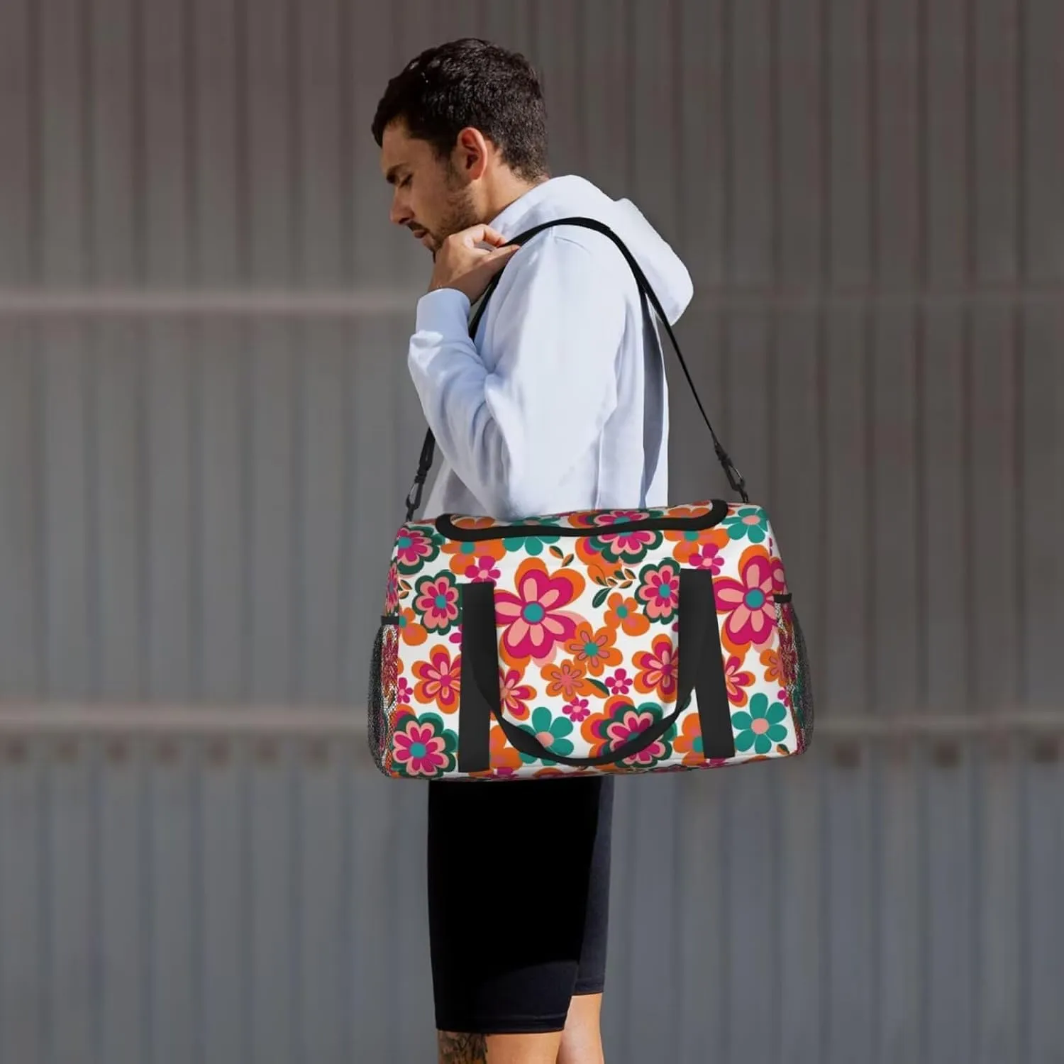 Duffel Tote Bag Pink Flower Waterproof Shoulder Weekender Bag For Women and Men Daisy Floral Wildflower Cute Swim Sports Travel Gym Bag，Foldable Travel Bag Lightweight and Easy Carry