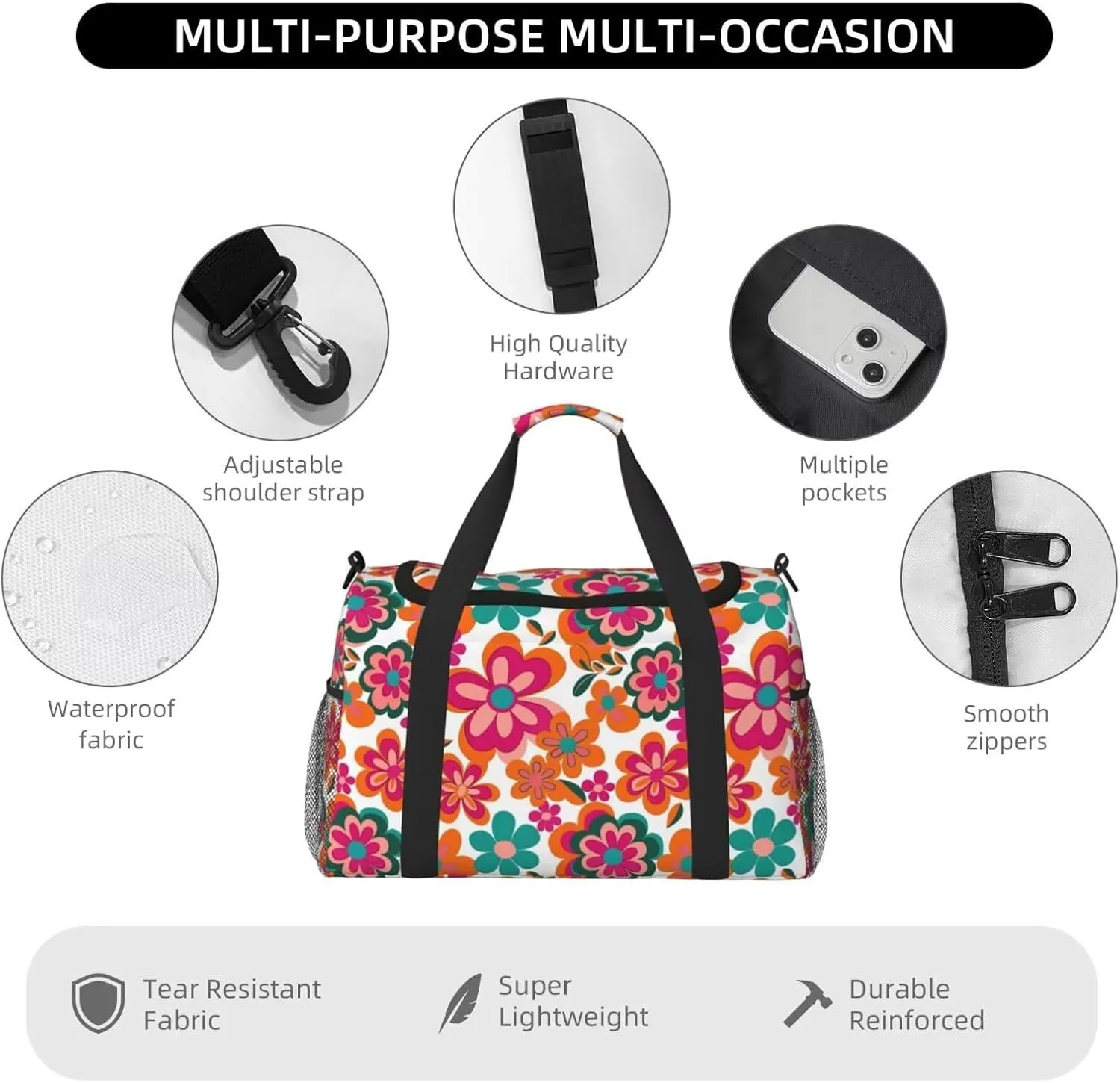 Duffel Tote Bag Pink Flower Waterproof Shoulder Weekender Bag For Women and Men Daisy Floral Wildflower Cute Swim Sports Travel Gym Bag，Foldable Travel Bag Lightweight and Easy Carry