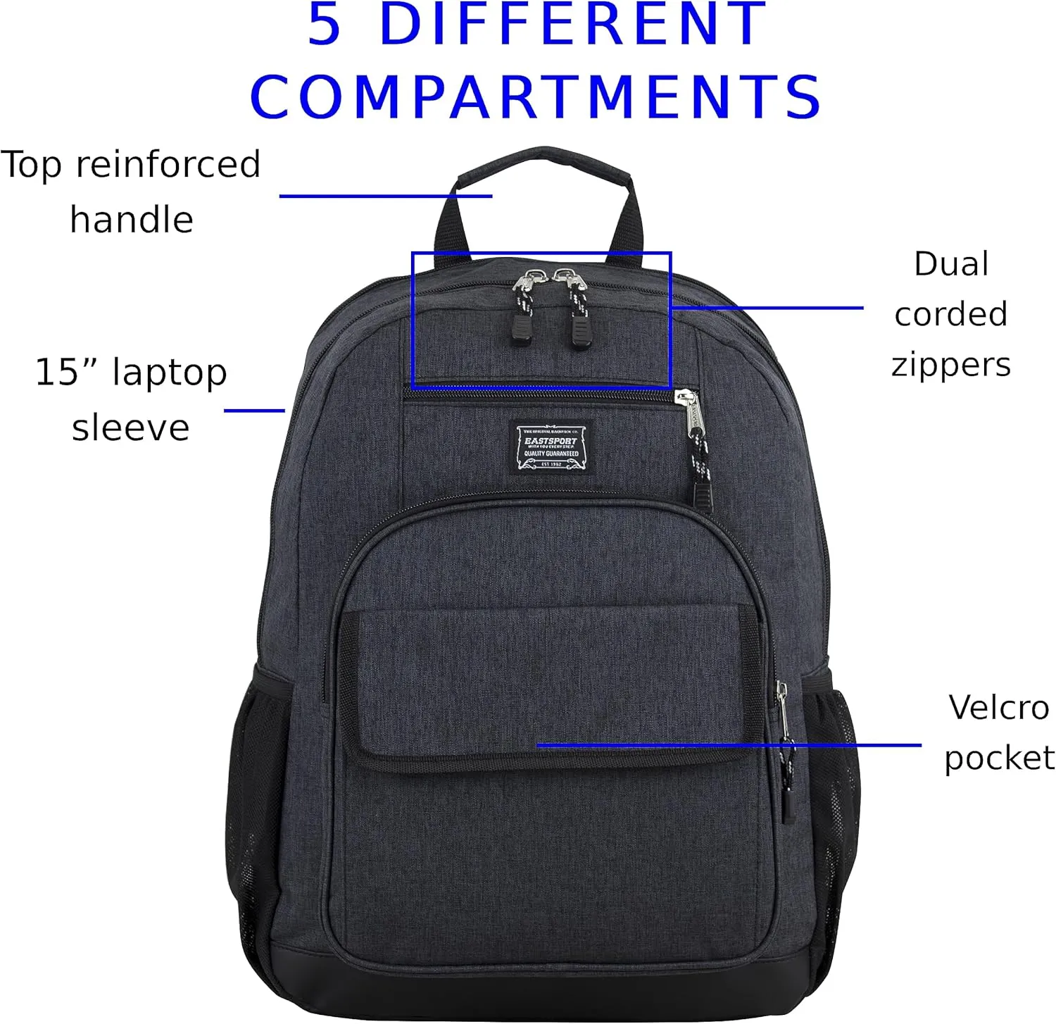 Eastsport Travel Laptop Backpack, Business Water Resistant Slim Sturdy Laptops Backpack College Work Computer Bag Unisex Fits 15" Notebook, Dark Grey Chambray