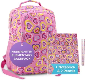 Emily Rose Kids Backpack & Supplies | 16 Inch Elementary Kindergarten Bookbag for Kids | with Spriral Notebook and 2 Pencils | Girls Bookbag for Travel and School (Playful Hearts) | USA Business