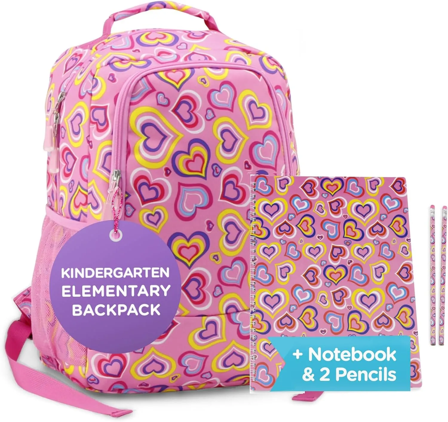 Emily Rose Kids Backpack & Supplies | 16 Inch Elementary Kindergarten Bookbag for Kids | with Spriral Notebook and 2 Pencils | Girls Bookbag for Travel and School (Playful Hearts) | USA Business