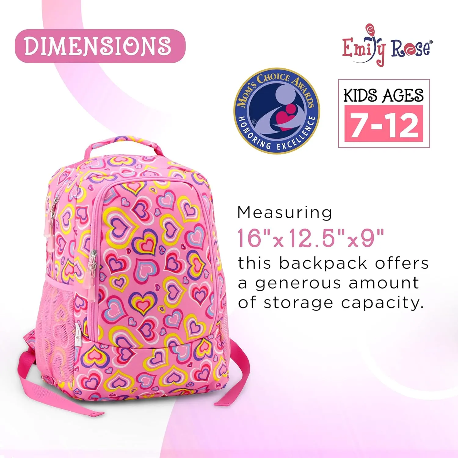 Emily Rose Kids Backpack & Supplies | 16 Inch Elementary Kindergarten Bookbag for Kids | with Spriral Notebook and 2 Pencils | Girls Bookbag for Travel and School (Playful Hearts) | USA Business
