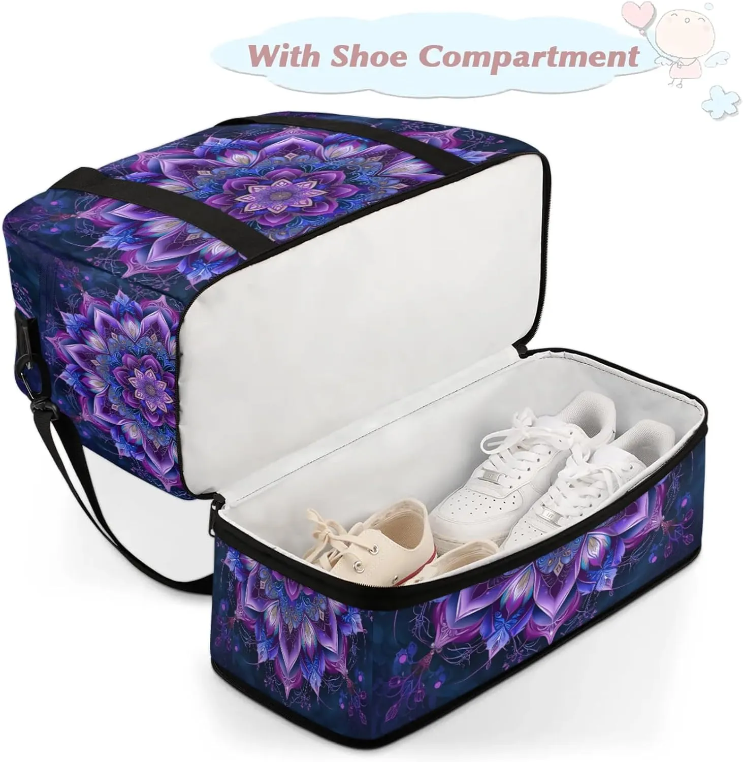 Ethnic Purple Mandala Travel Duffel Bags for Women & Men Large Sports Gym Bags Foldie Weekender Overnight Bag Carry On Tote Bag With Shoe Compartment Personal Item Luggage for Travel Sports Gym