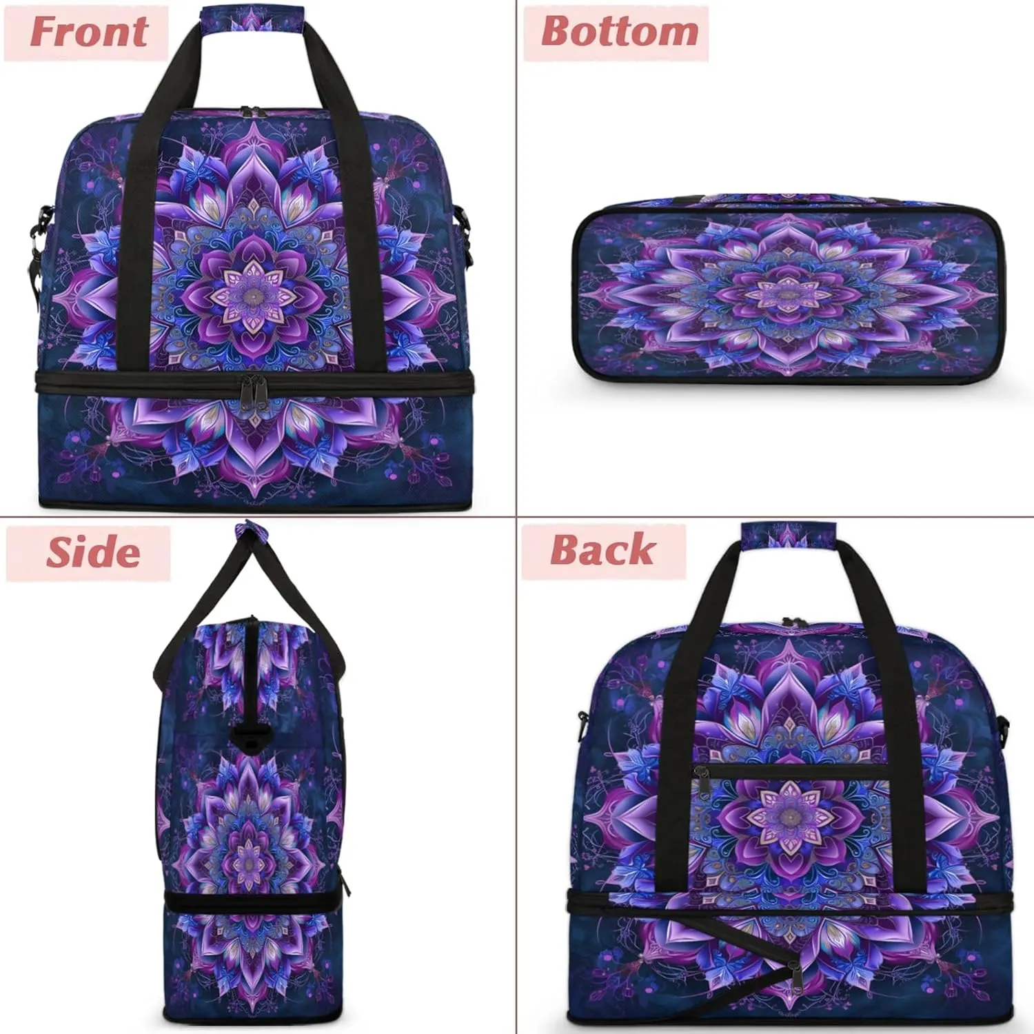 Ethnic Purple Mandala Travel Duffel Bags for Women & Men Large Sports Gym Bags Foldie Weekender Overnight Bag Carry On Tote Bag With Shoe Compartment Personal Item Luggage for Travel Sports Gym