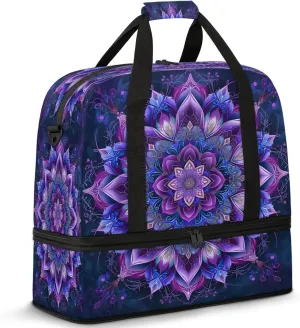 Ethnic Purple Mandala Travel Duffel Bags for Women & Men Large Sports Gym Bags Foldie Weekender Overnight Bag Carry On Tote Bag With Shoe Compartment Personal Item Luggage for Travel Sports Gym