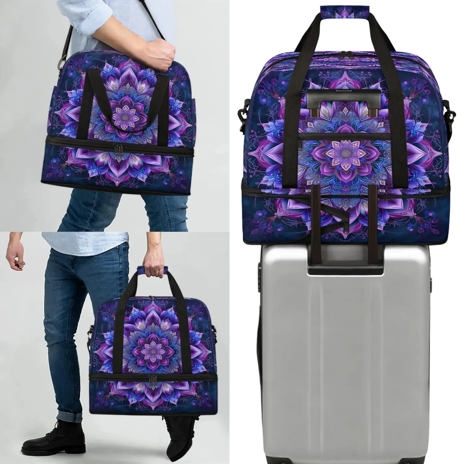 Ethnic Purple Mandala Travel Duffel Bags for Women & Men Large Sports Gym Bags Foldie Weekender Overnight Bag Carry On Tote Bag With Shoe Compartment Personal Item Luggage for Travel Sports Gym